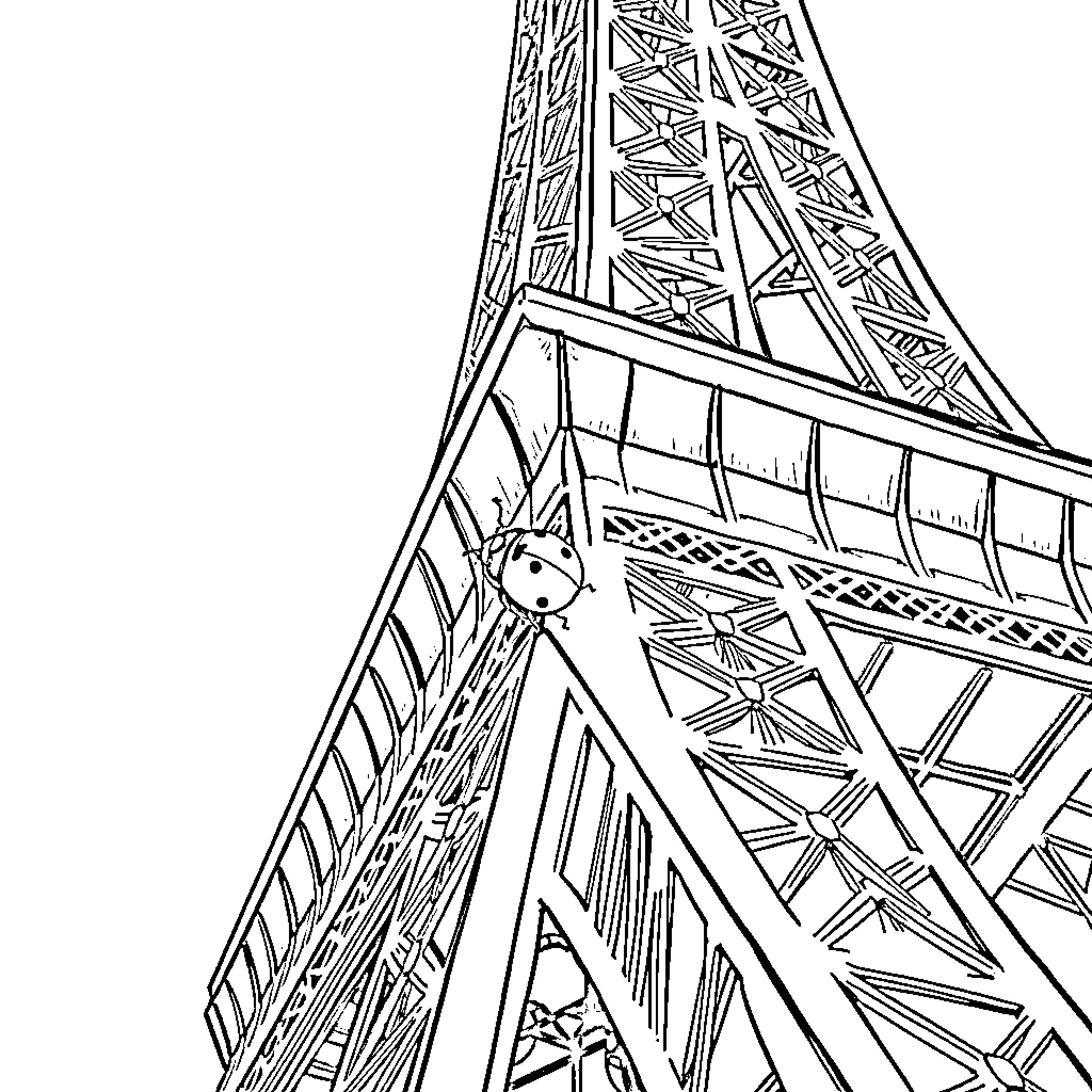 Ladybug exploring the intricate Eiffel Tower Coloring Page (free black-and-white line drawing printable PDF for all, from beginners to advanced learners, including children, teens, adults, and seniors)