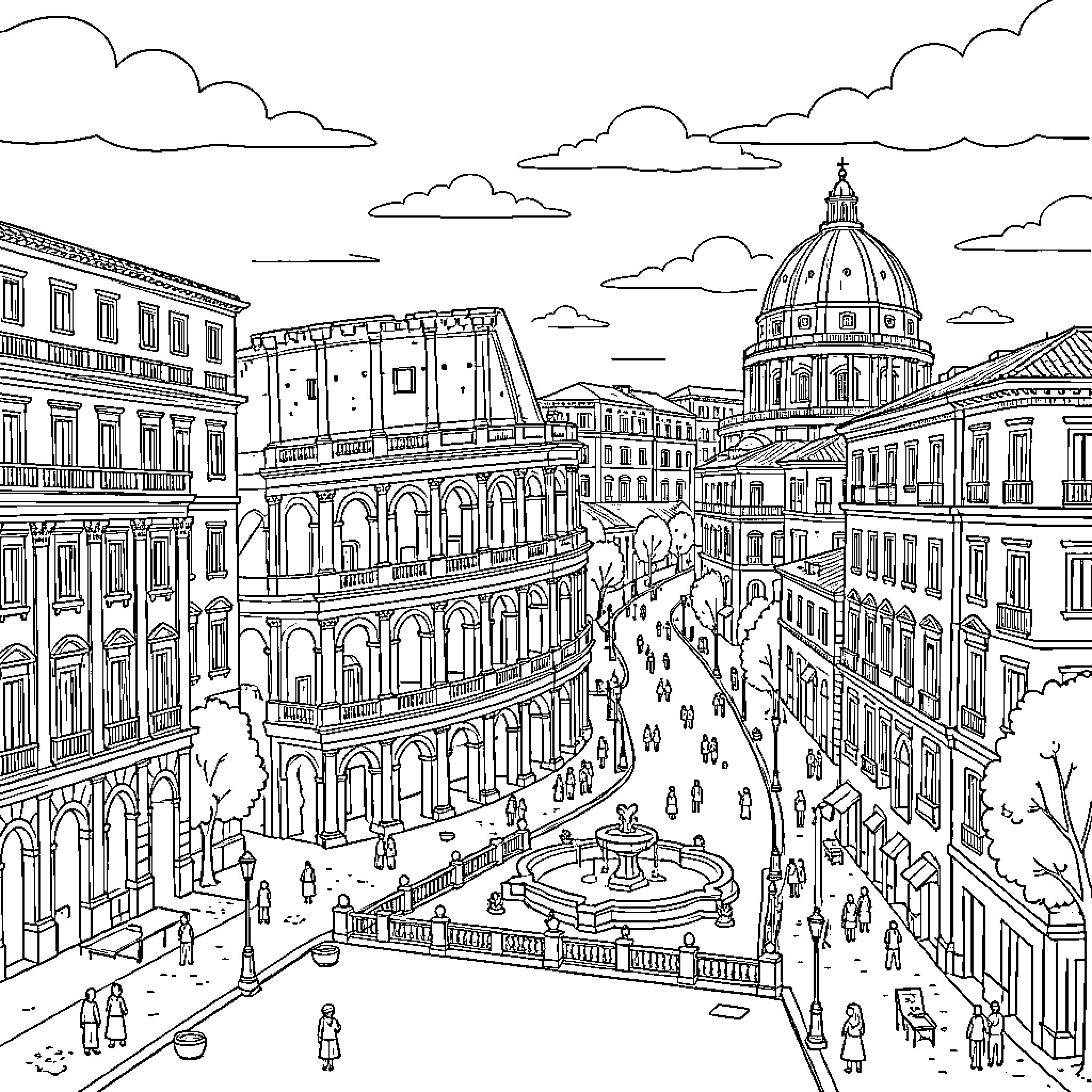 Roma: Bustling Urban Landscape with Iconic Architecture Coloring Page (free black-and-white line drawing printable PDF for all, from beginners to advanced learners, including children, teens, adults, and seniors)