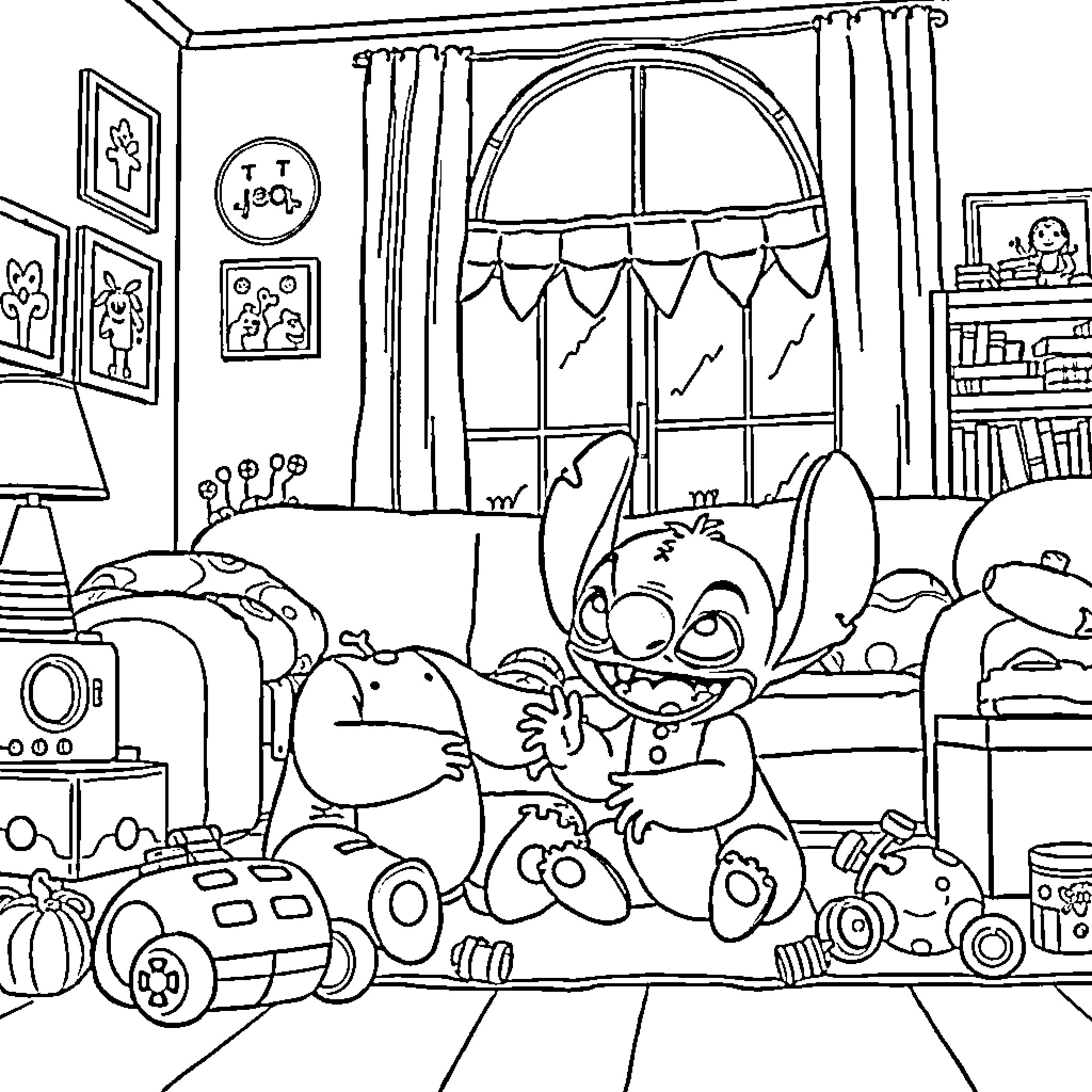 Rumi's Cozy Bedroom Adventure Coloring Page (free black-and-white line drawing printable PDF for all, from beginners to advanced learners, including children, teens, adults, and seniors)