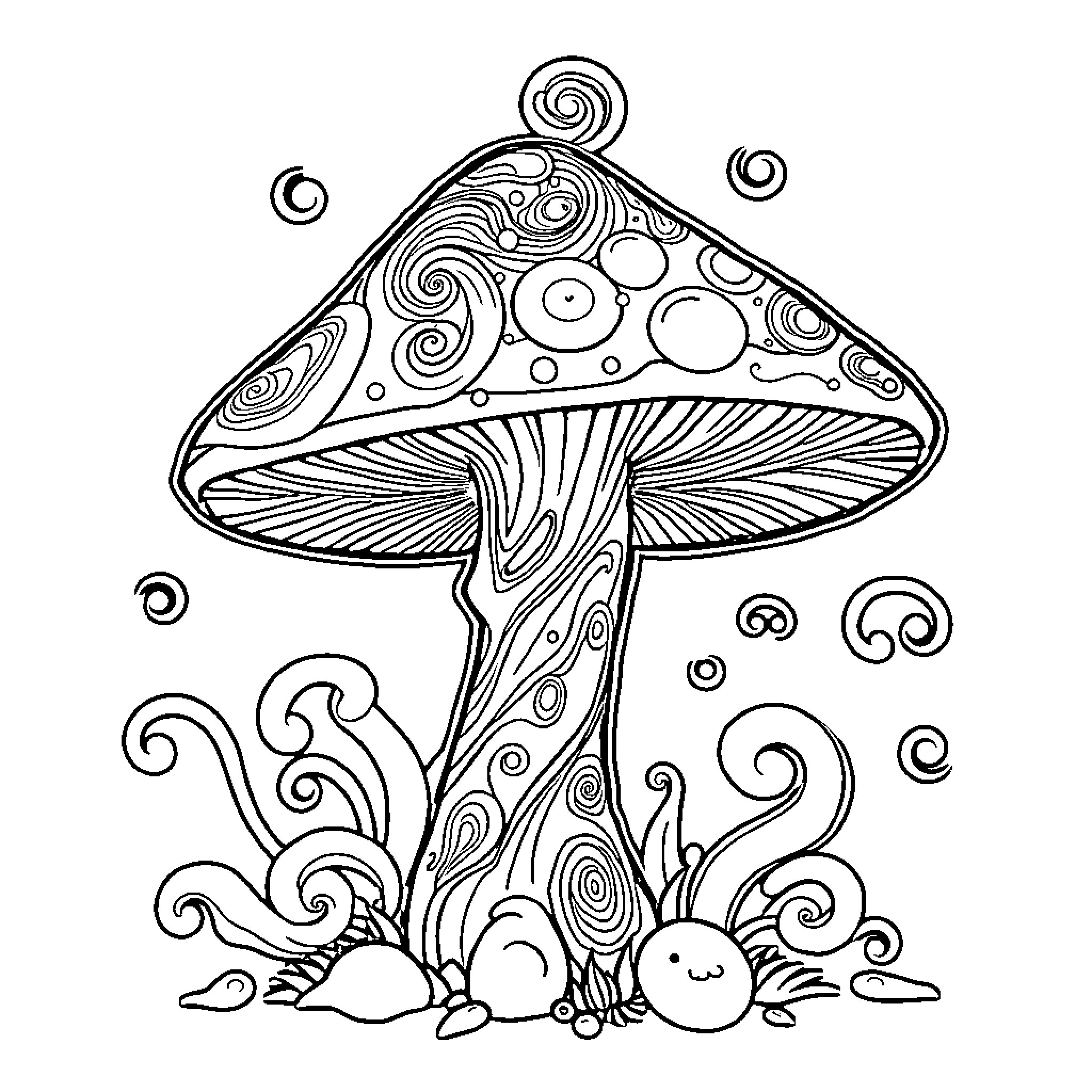 Mushroom Flourishing in Whimsical Forest Coloring Page (free black-and-white line drawing printable PDF for all, from beginners to advanced learners, including children, teens, adults, and seniors)