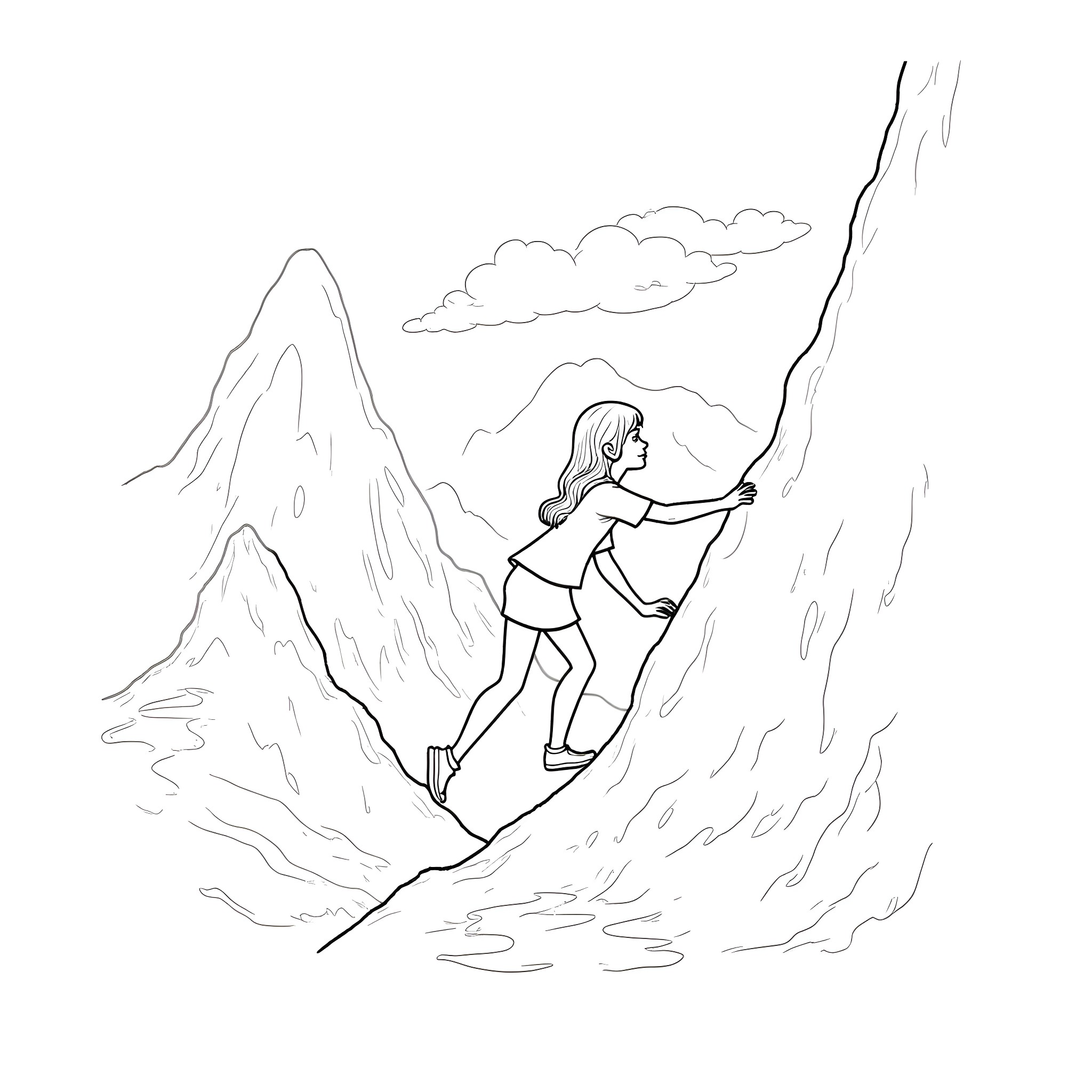 Girl hiking on a mountain path Coloring Page (free black-and-white line drawing printable PDF for all, from beginners to advanced learners, including children, teens, adults, and seniors)