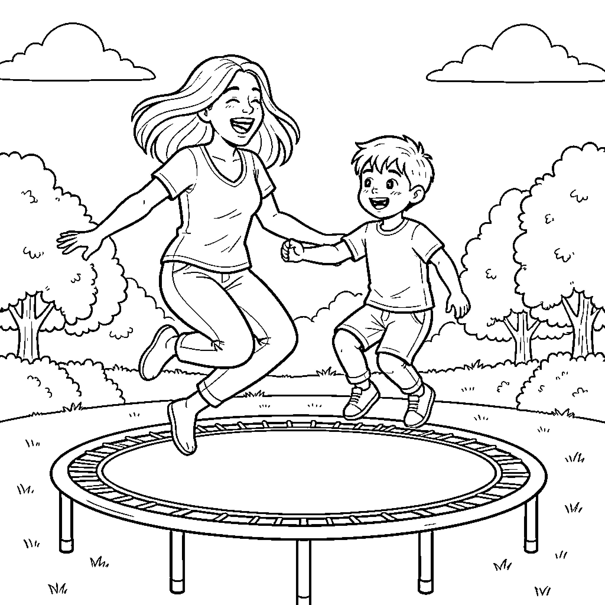 Mother and child jumping happily on a trampoline Coloring Page (free black-and-white line drawing printable PDF for all, from beginners to advanced learners, including children, teens, adults, and seniors)