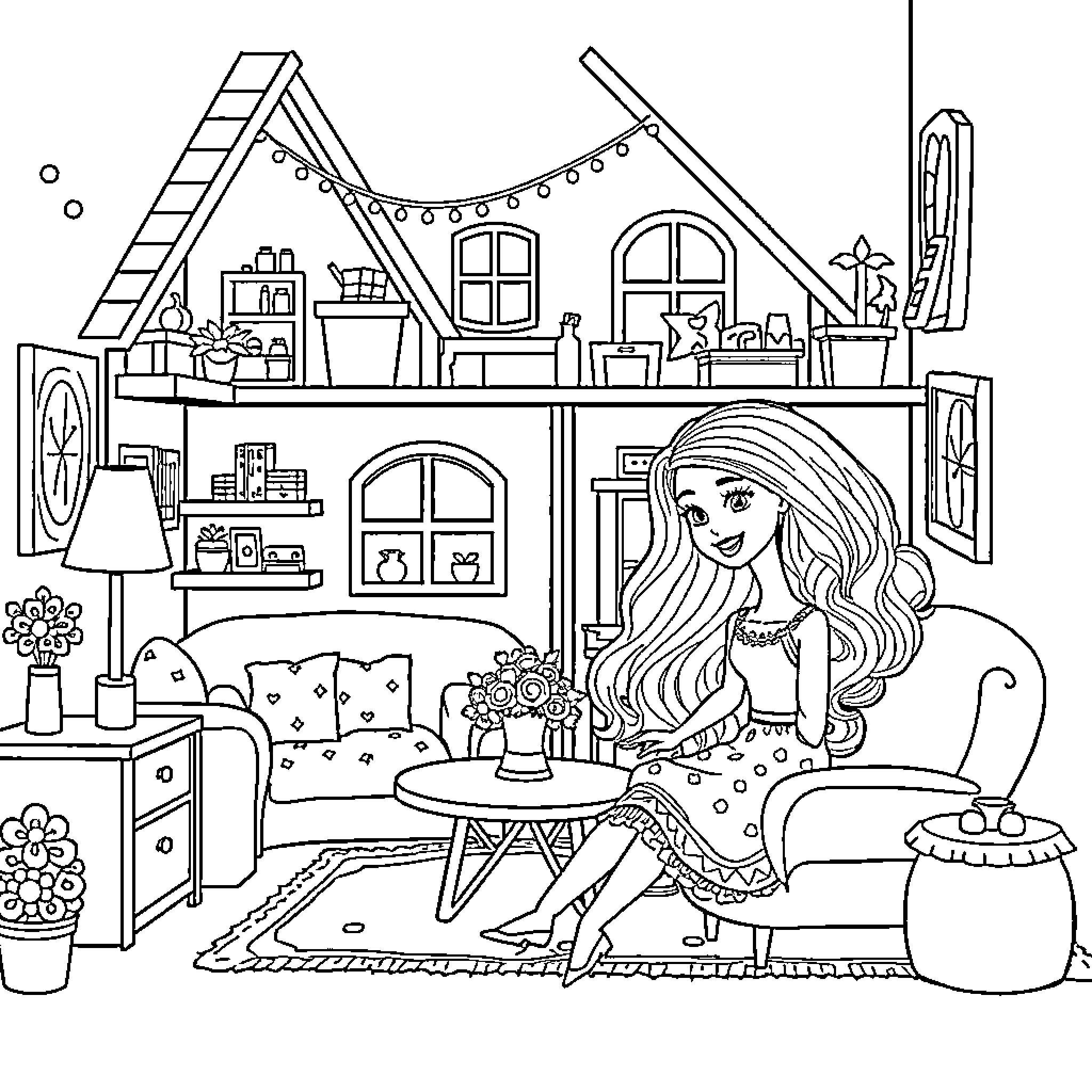Dollhouse with girl enjoying a cozy interior Coloring Page (free black-and-white line drawing printable PDF for all, from beginners to advanced learners, including children, teens, adults, and seniors)