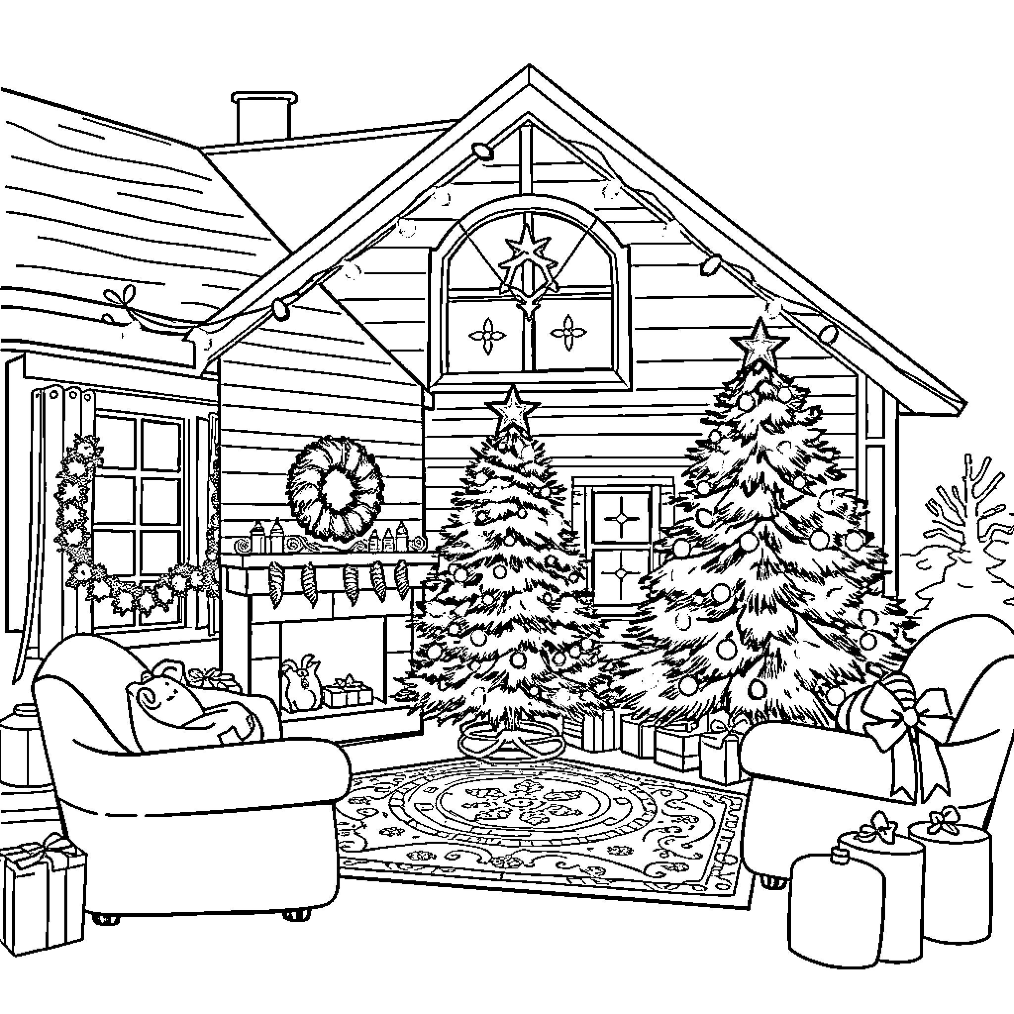 House decorated for the holidays with Christmas tree and ornaments Coloring Page (free black-and-white line drawing printable PDF for all, from beginners to advanced learners, including children, teens, adults, and seniors)