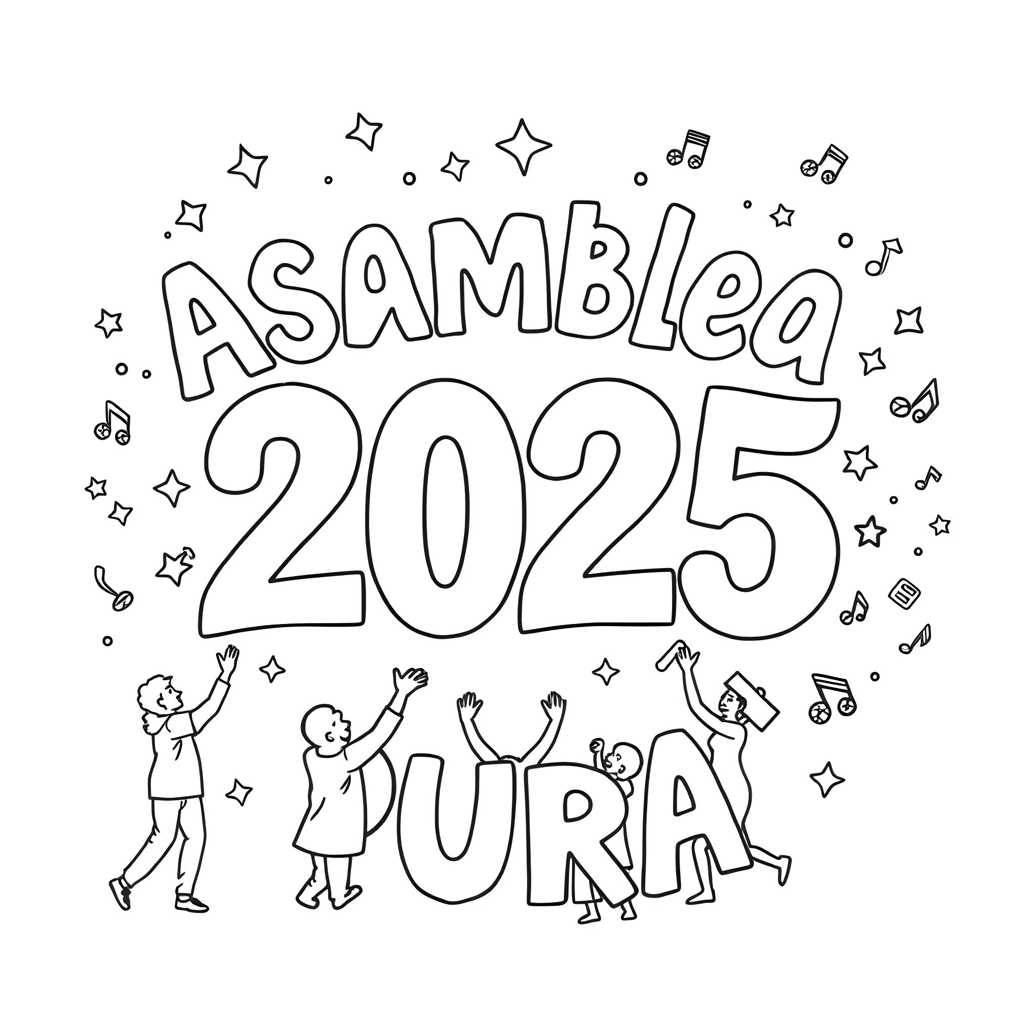 Text with celebratory text and people dancing Coloring Page (free black-and-white line drawing printable PDF for all, from beginners to advanced learners, including children, teens, adults, and seniors)