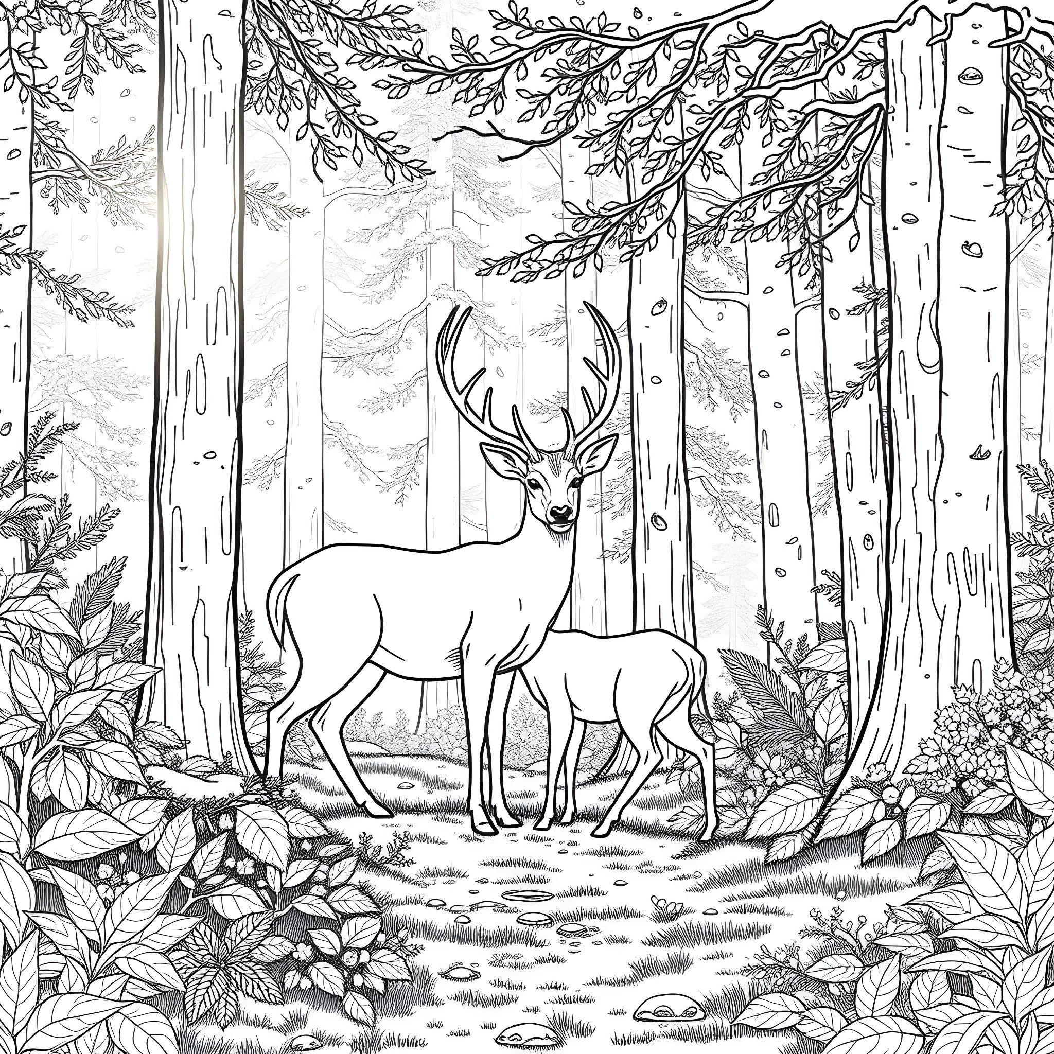 Deer standing amidst the lush forest scenery Coloring Page (free black-and-white line drawing printable PDF for all, from beginners to advanced learners, including children, teens, adults, and seniors)
