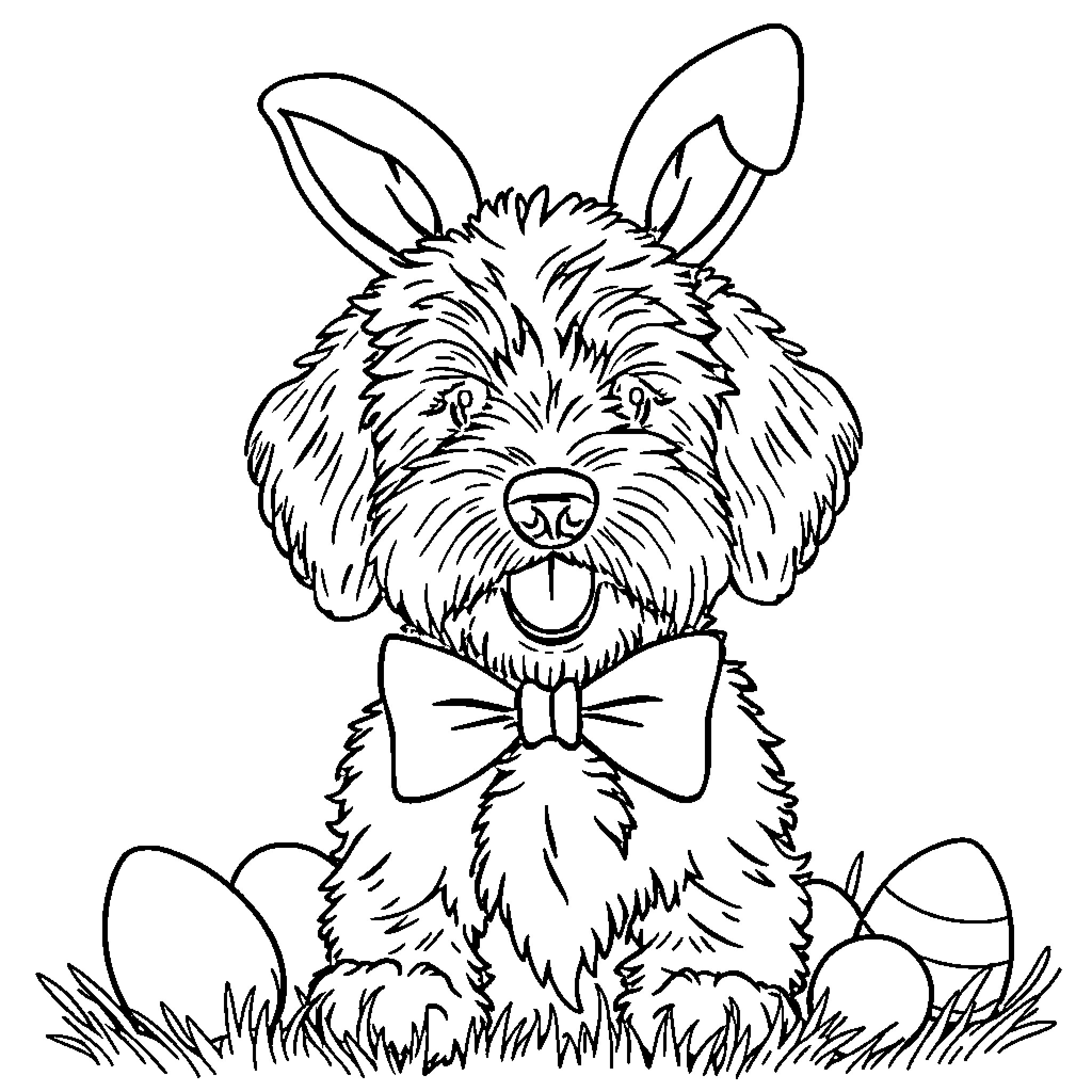 Labradoodle wearing a bow tie sitting in the grass Coloring Page (free black-and-white line drawing printable PDF for all, from beginners to advanced learners, including children, teens, adults, and seniors)