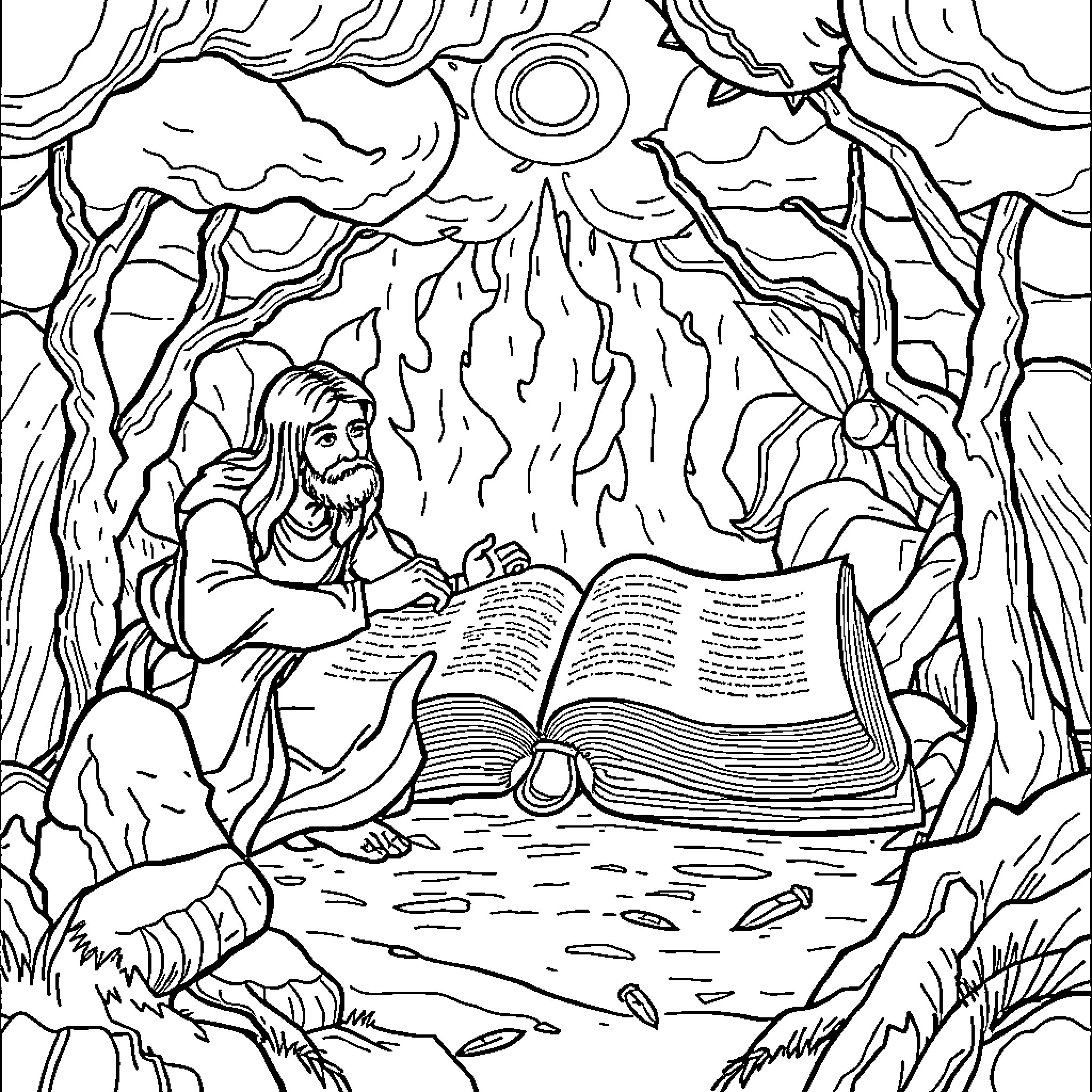 Old Testament Man Reading Holy Scriptures in Nature Coloring Page (free black-and-white line drawing printable PDF for all, from beginners to advanced learners, including children, teens, adults, and seniors)