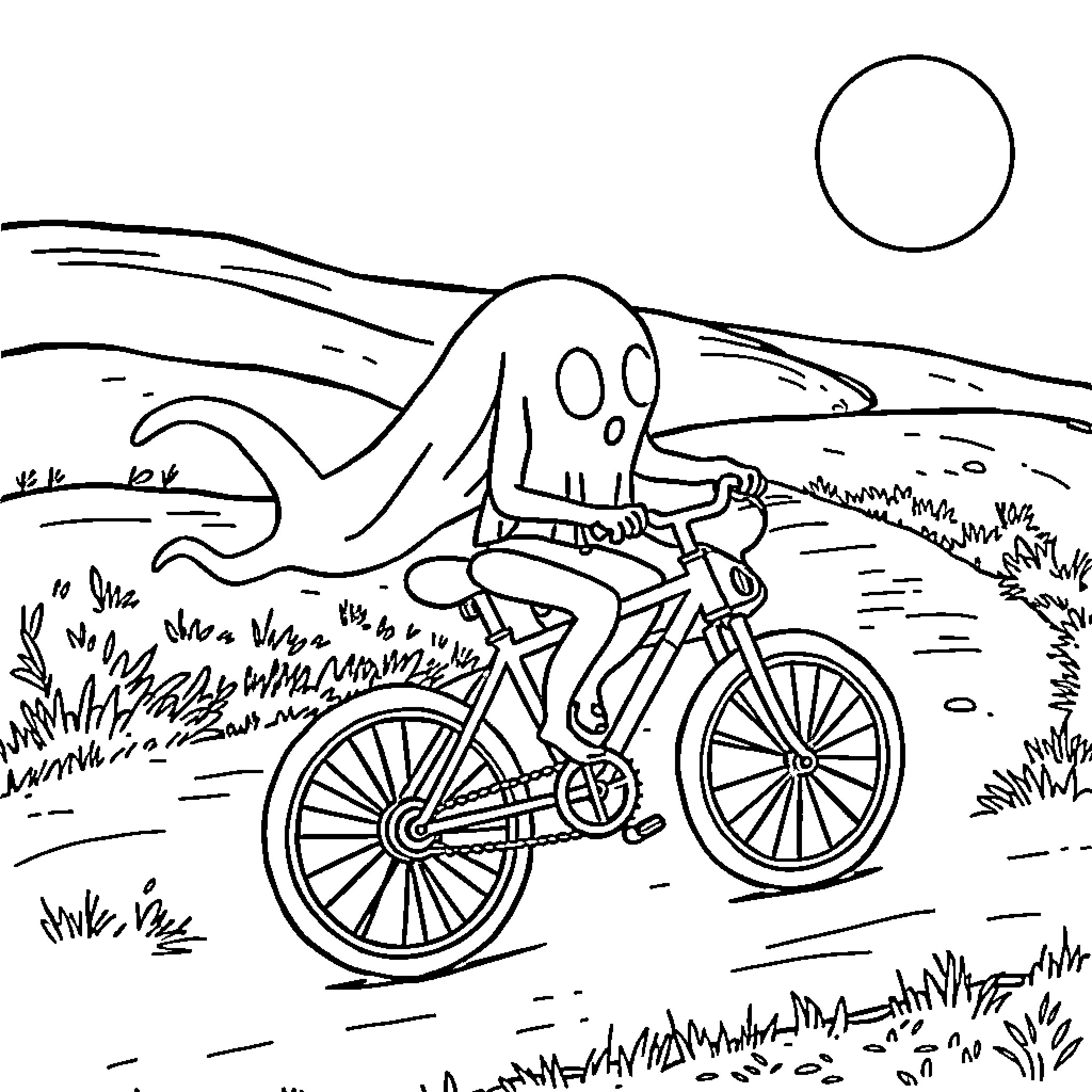 Ghost Spider riding a bicycle through the countryside Coloring Page (free black-and-white line drawing printable PDF for all, from beginners to advanced learners, including children, teens, adults, and seniors)