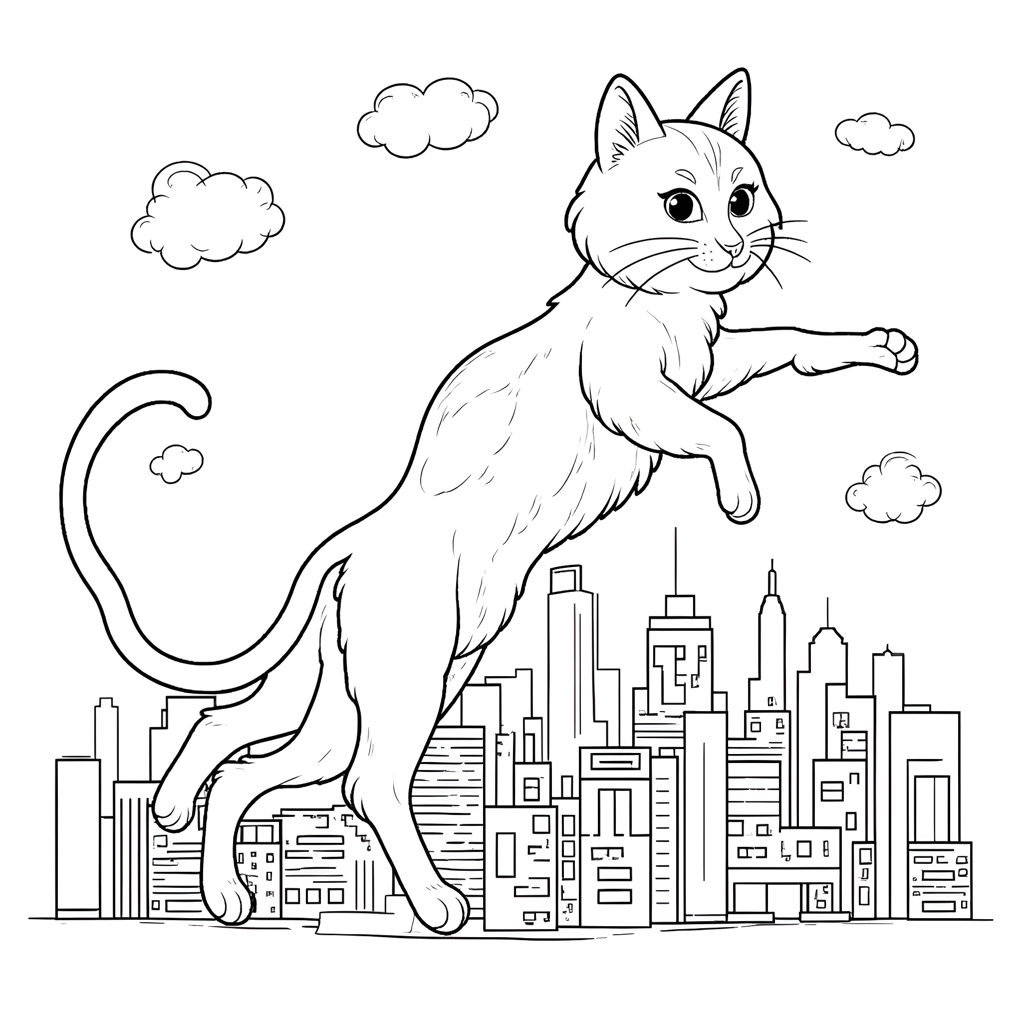 Calico Cat Exploring the City Skyline Coloring Page (free black-and-white line drawing printable PDF for all, from beginners to advanced learners, including children, teens, adults, and seniors)