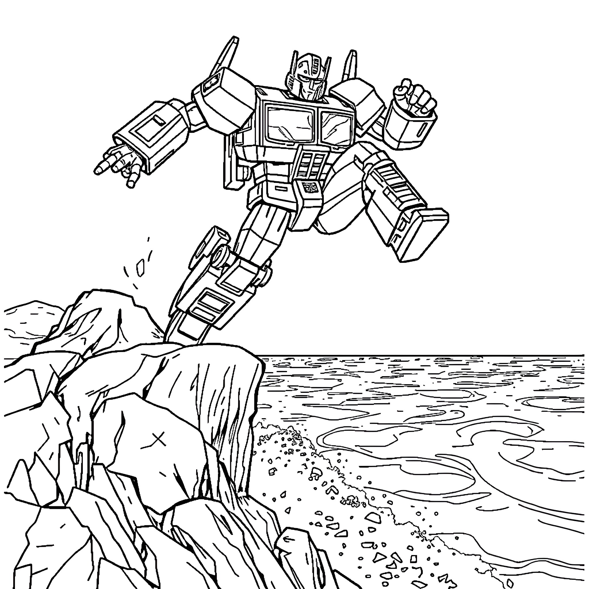 Optimus Prime battling on a rocky cliff by the sea Coloring Page (free black-and-white line drawing printable PDF for all, from beginners to advanced learners, including children, teens, adults, and seniors)
