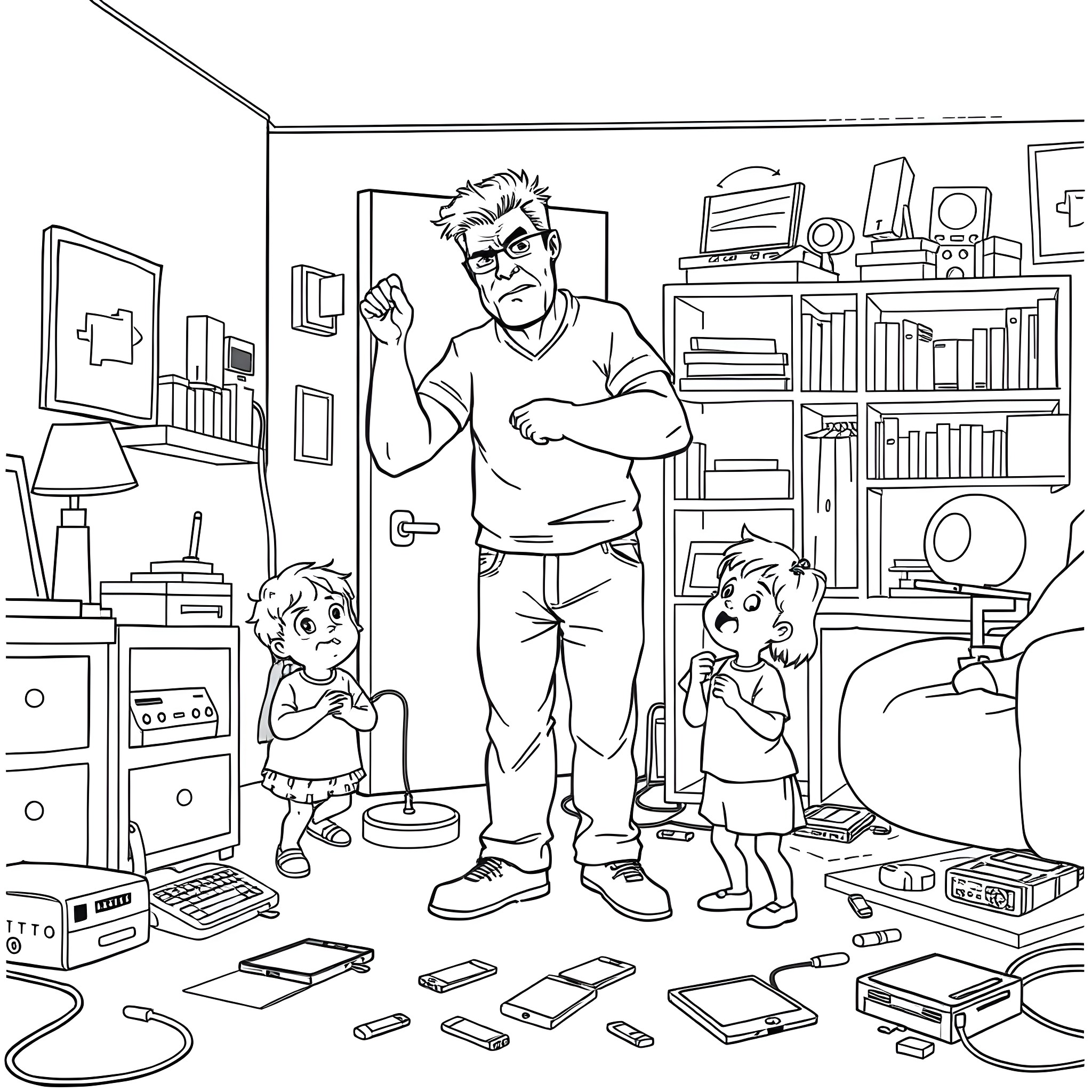 Dad spending time with his kids in the living room Coloring Page (free black-and-white line drawing printable PDF for all, from beginners to advanced learners, including children, teens, adults, and seniors)