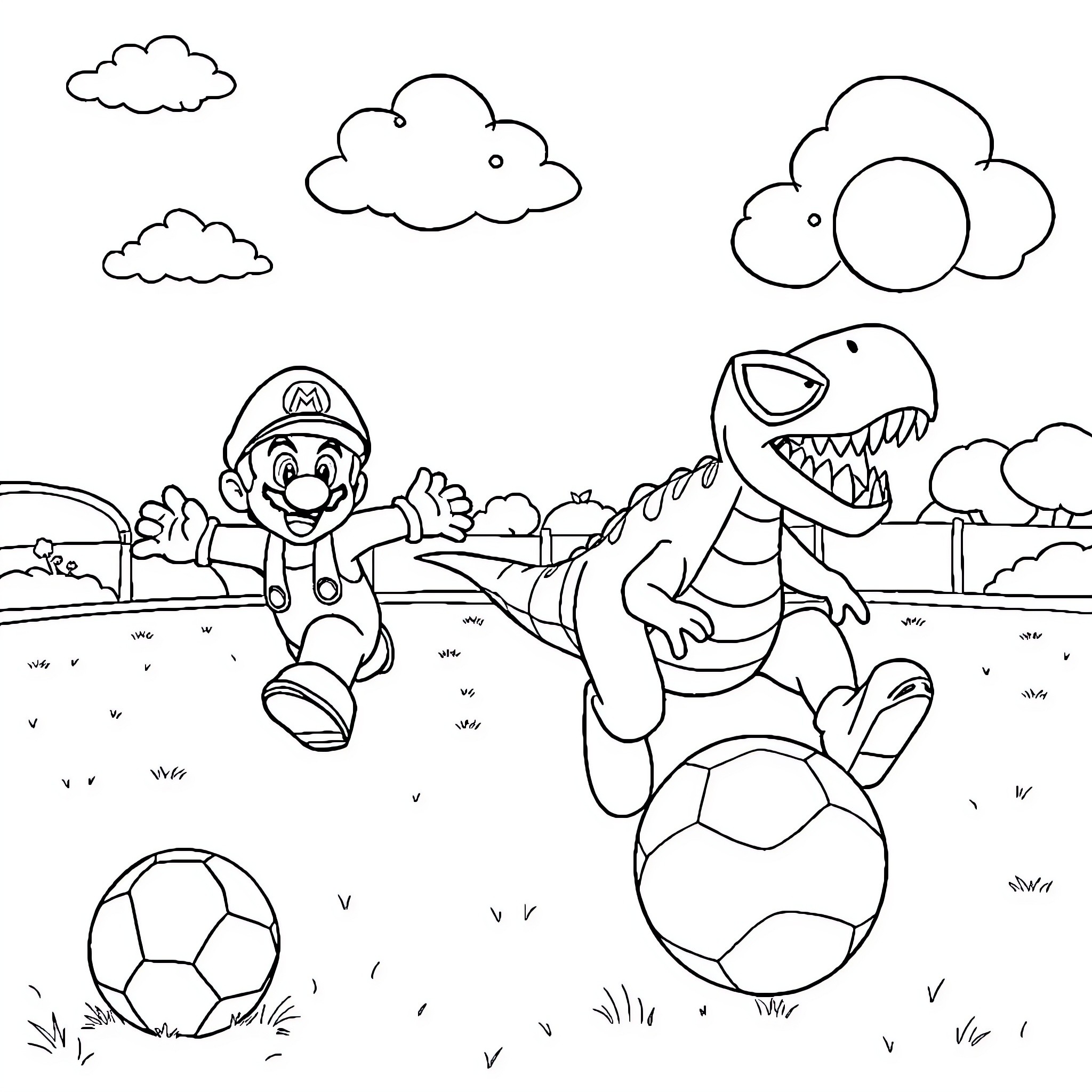Mario's Playful Adventure with a Dinosaur in the Park Coloring Page (free black-and-white line drawing printable PDF for all, from beginners to advanced learners, including children, teens, adults, and seniors)