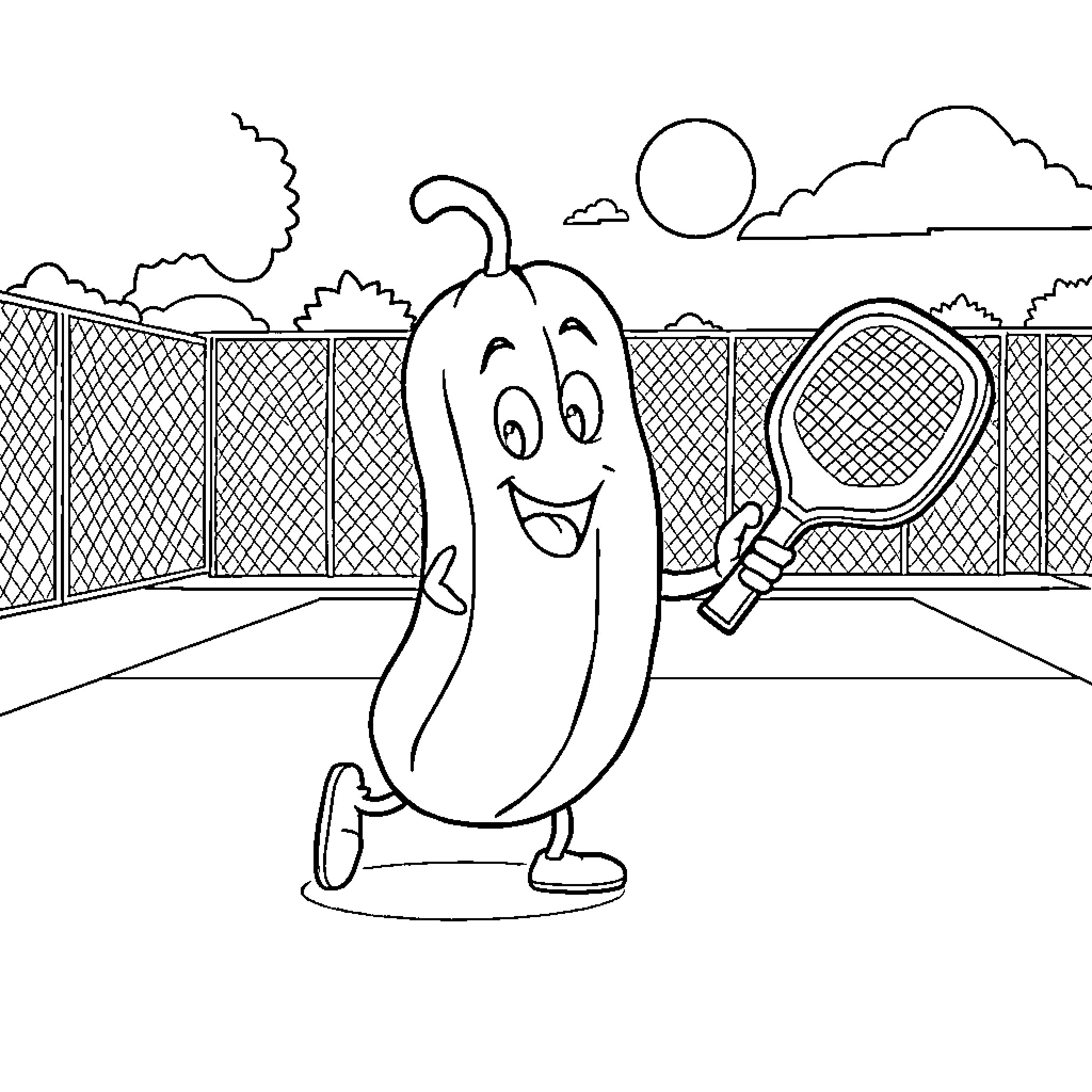 Pickle playing tennis happily on the court Coloring Page (free black-and-white line drawing printable PDF for all, from beginners to advanced learners, including children, teens, adults, and seniors)