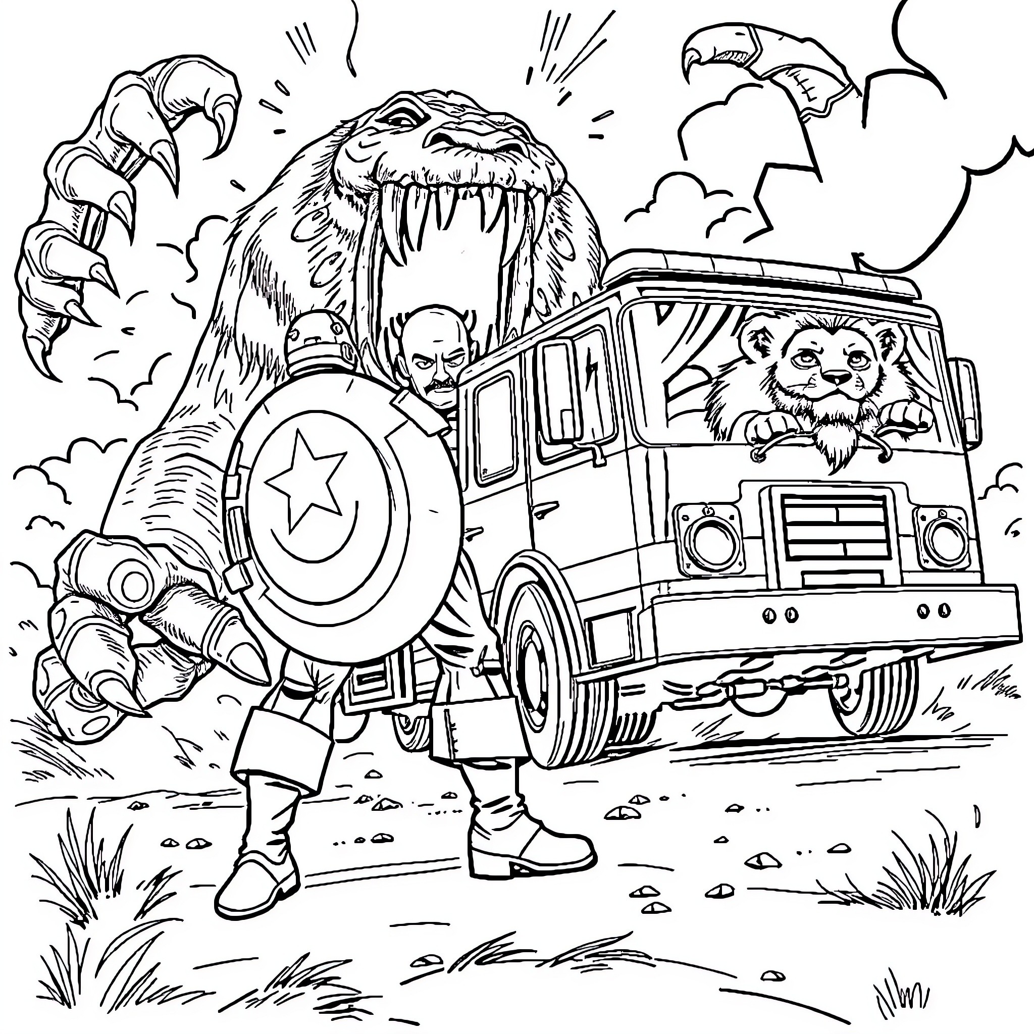 Captain America battles a giant monster while driving a jeep Coloring Page (free black-and-white line drawing printable PDF for all, from beginners to advanced learners, including children, teens, adults, and seniors)