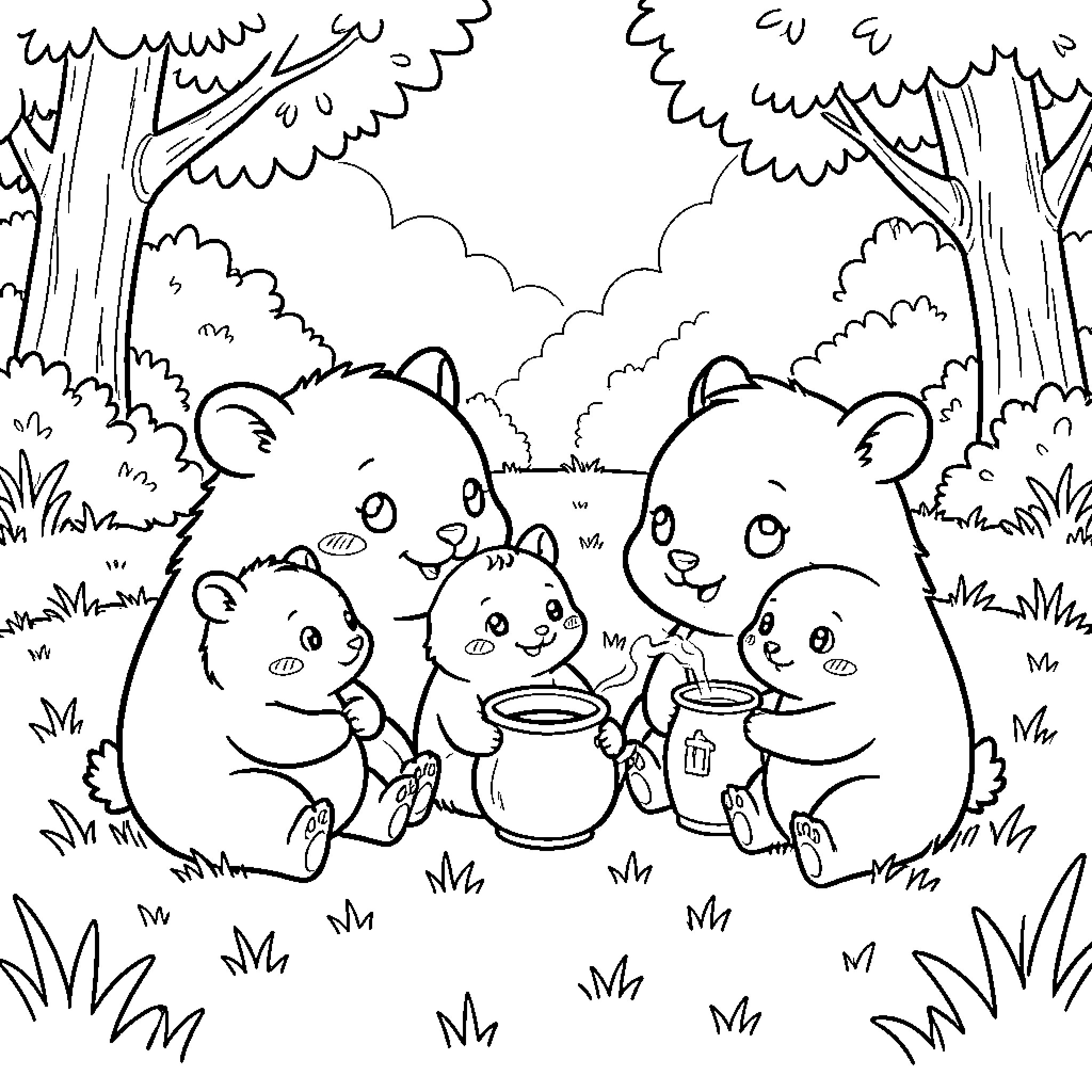 Hogs Enjoying Picnic in Woodland Setting Coloring Page (free black-and-white line drawing printable PDF for all, from beginners to advanced learners, including children, teens, adults, and seniors)