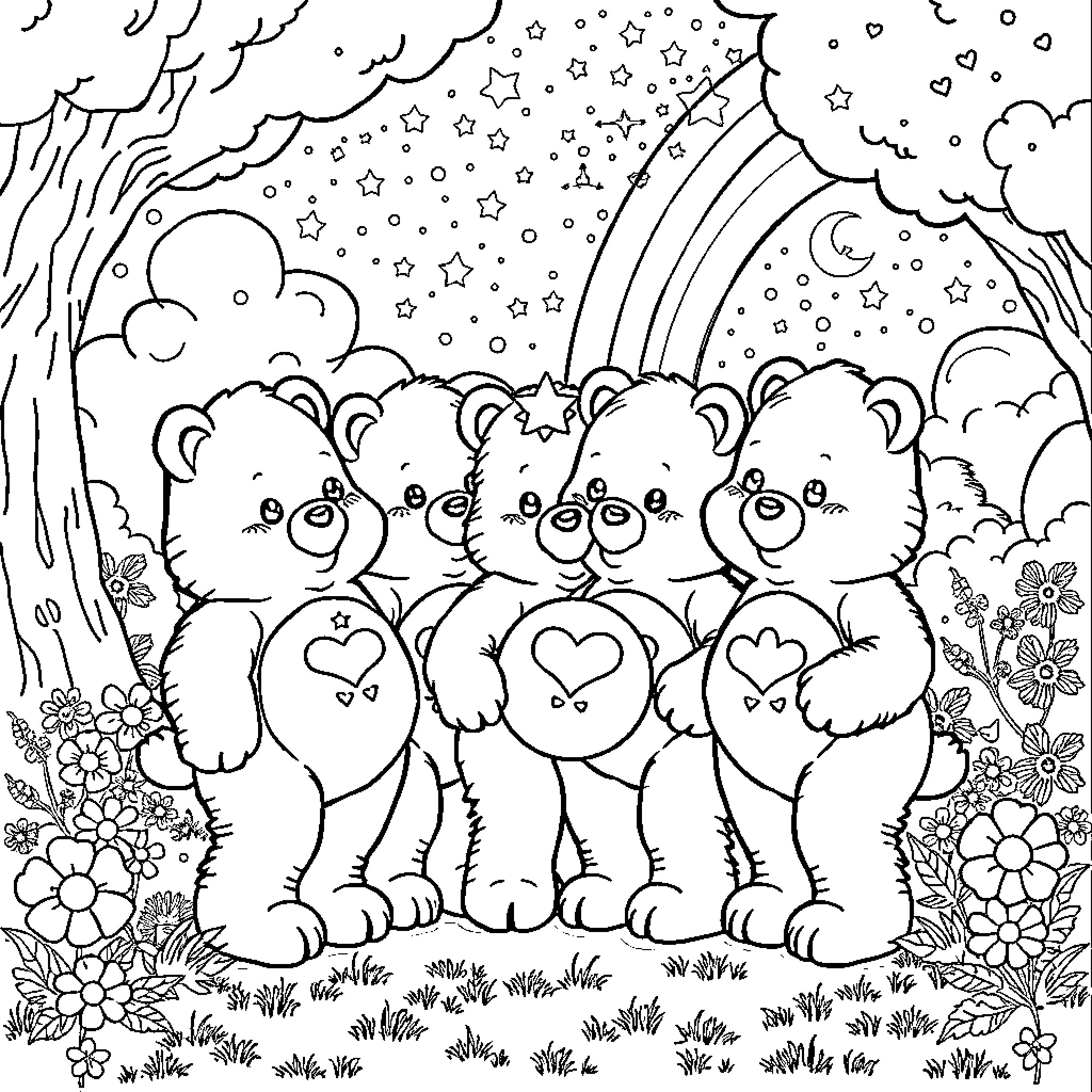 Care Bears in Whimsical Woodland Wonderland Coloring Page (free black-and-white line drawing printable PDF for all, from beginners to advanced learners, including children, teens, adults, and seniors)