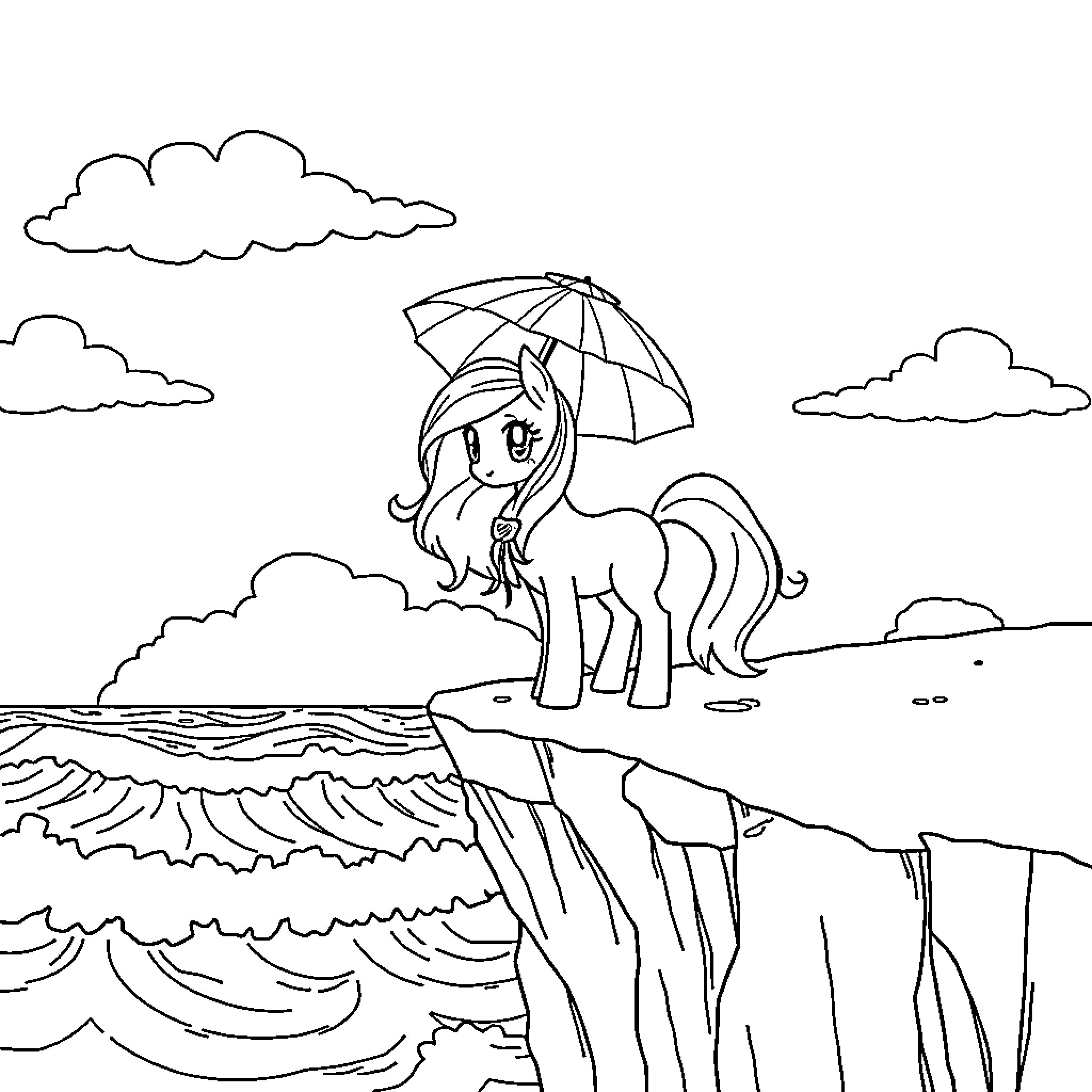 Ponyo enjoying the ocean view with umbrella Coloring Page (free black-and-white line drawing printable PDF for all, from beginners to advanced learners, including children, teens, adults, and seniors)