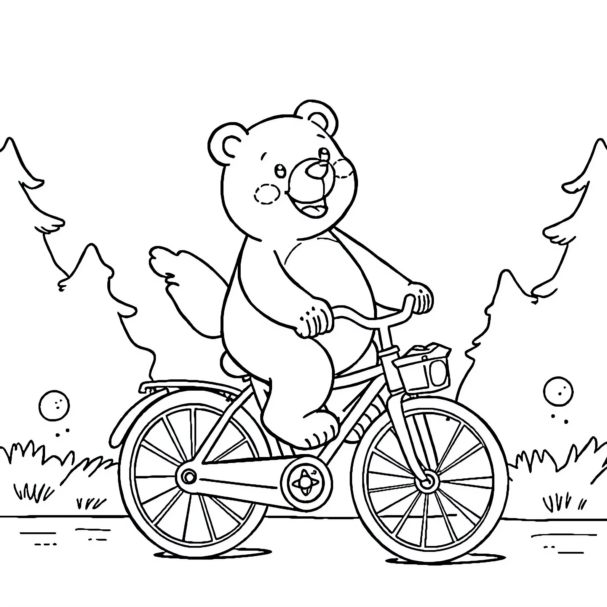 Gummy Bear riding a bicycle in nature Coloring Page (free black-and-white line drawing printable PDF for all, from beginners to advanced learners, including children, teens, adults, and seniors)