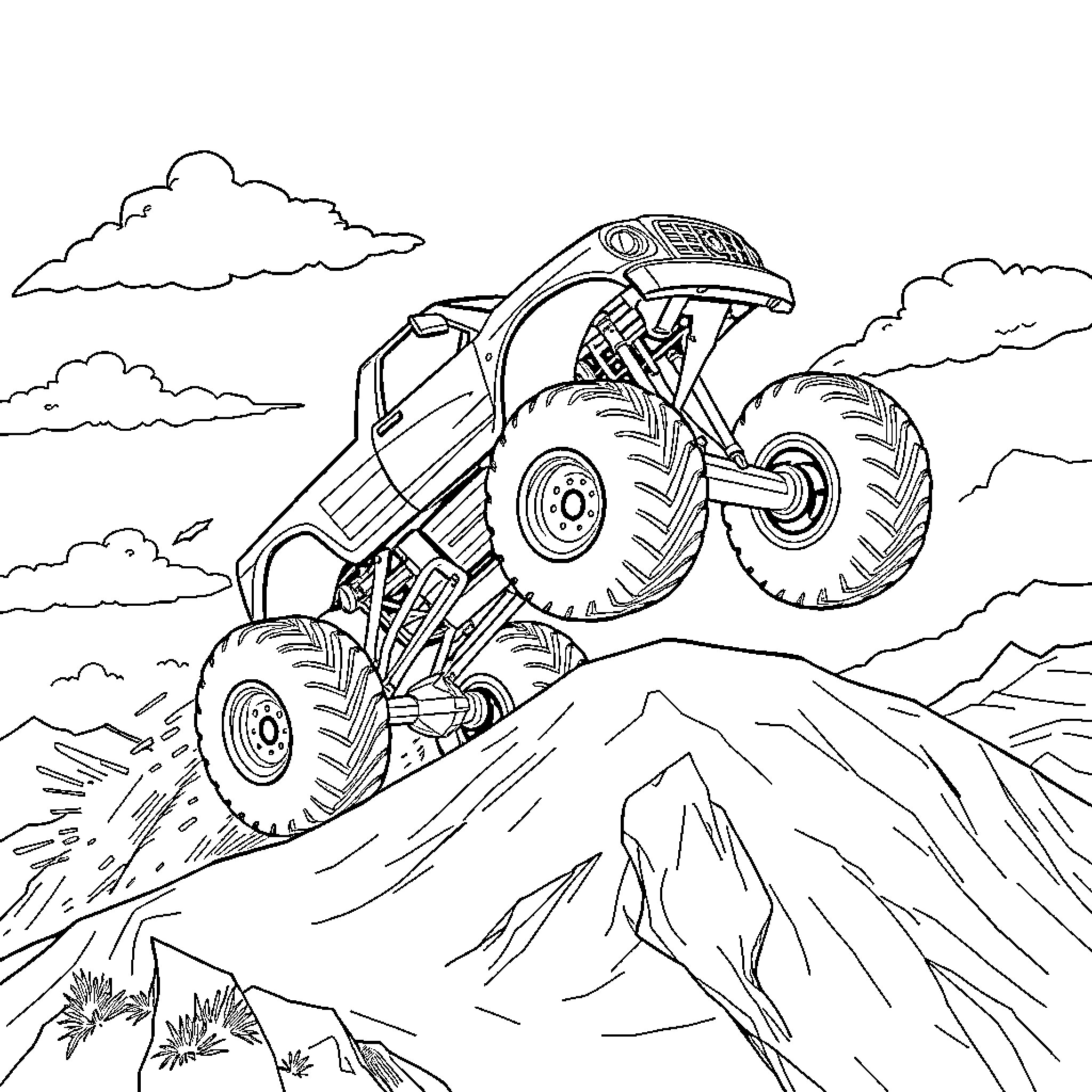Monster Truck Soaring Over Rugged Terrain Coloring Page (free black-and-white line drawing printable PDF for all, from beginners to advanced learners, including children, teens, adults, and seniors)