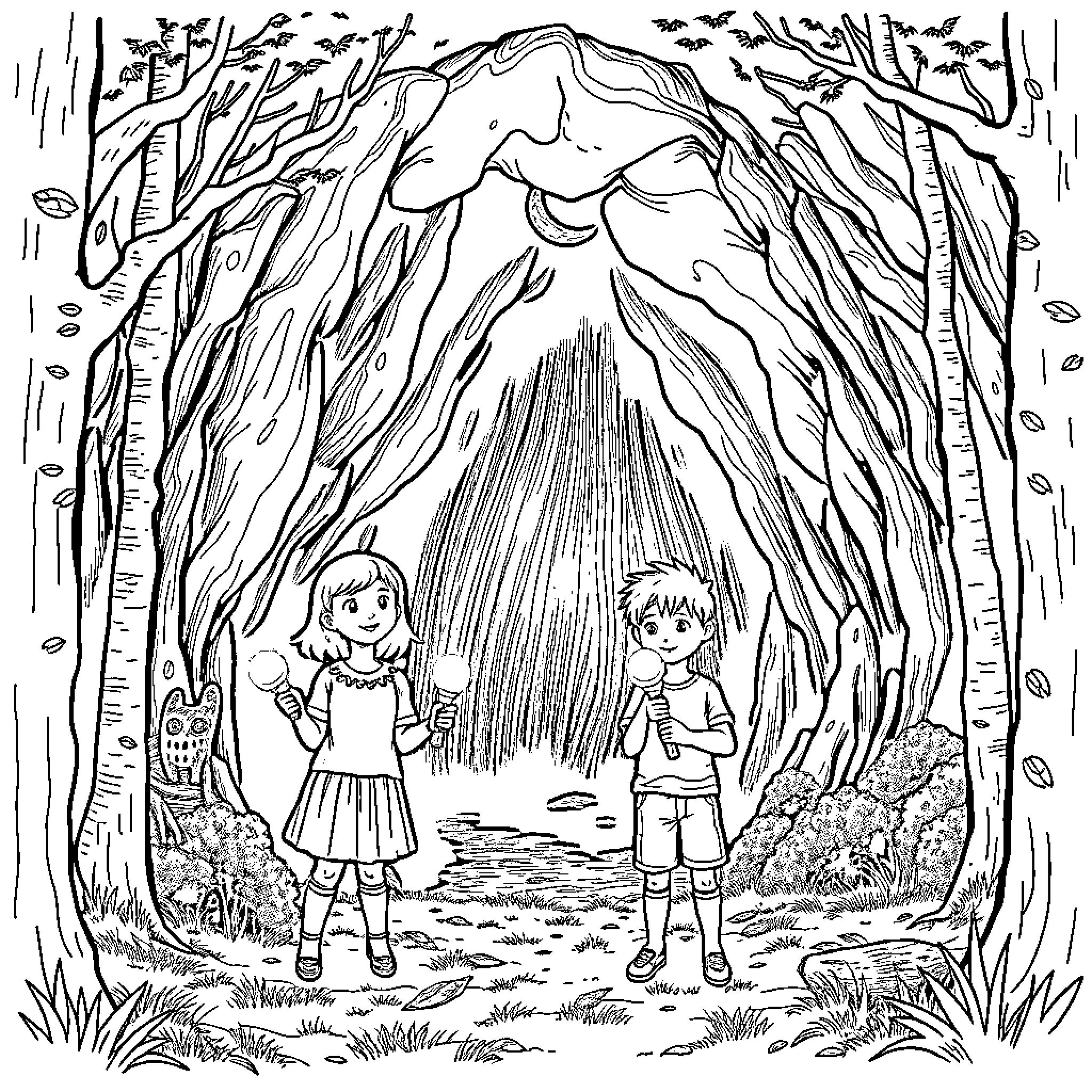 Child exploring enchanted forest with friend Coloring Page (free black-and-white line drawing printable PDF for all, from beginners to advanced learners, including children, teens, adults, and seniors)
