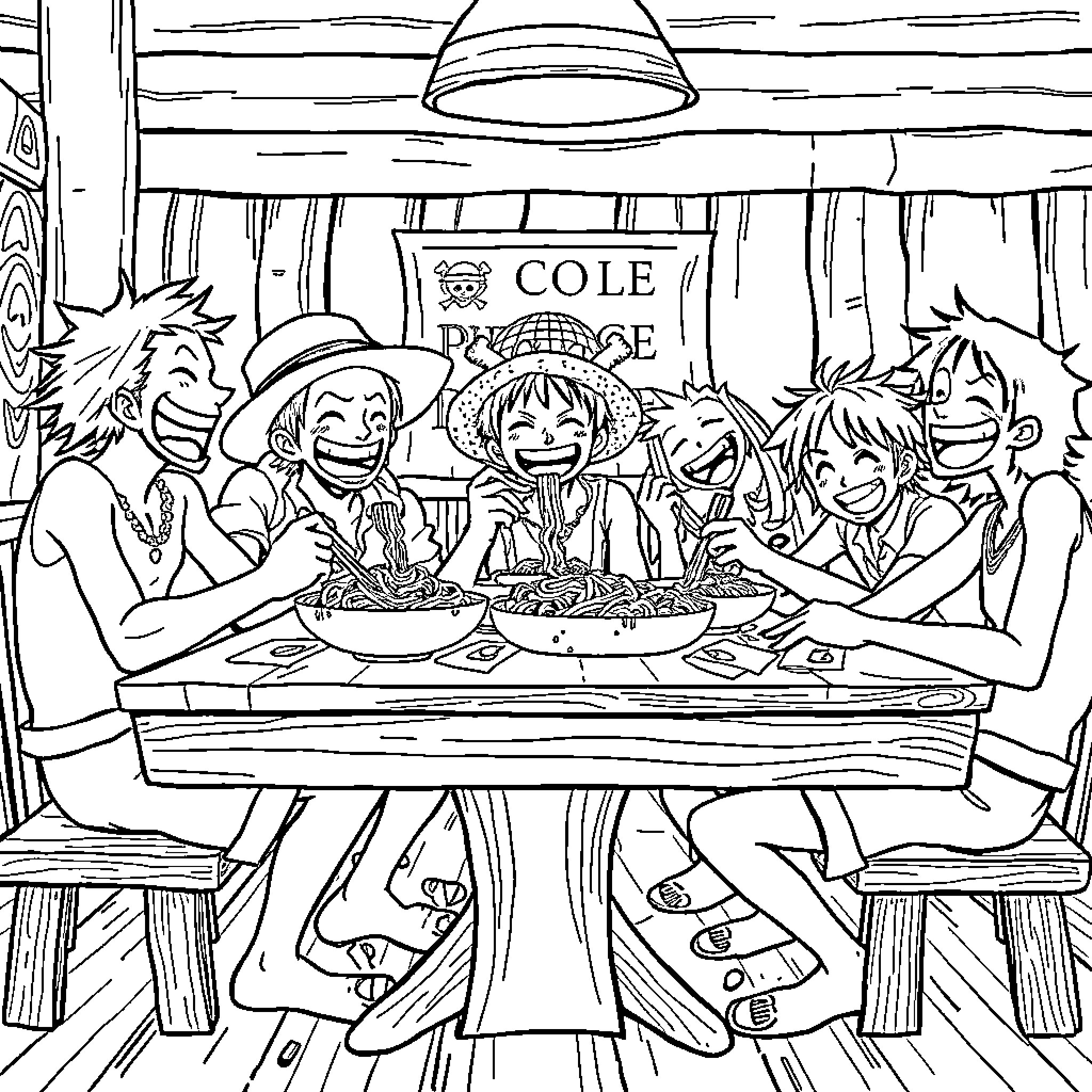 One Piece characters enjoying a meal together Coloring Page (free black-and-white line drawing printable PDF for all, from beginners to advanced learners, including children, teens, adults, and seniors)