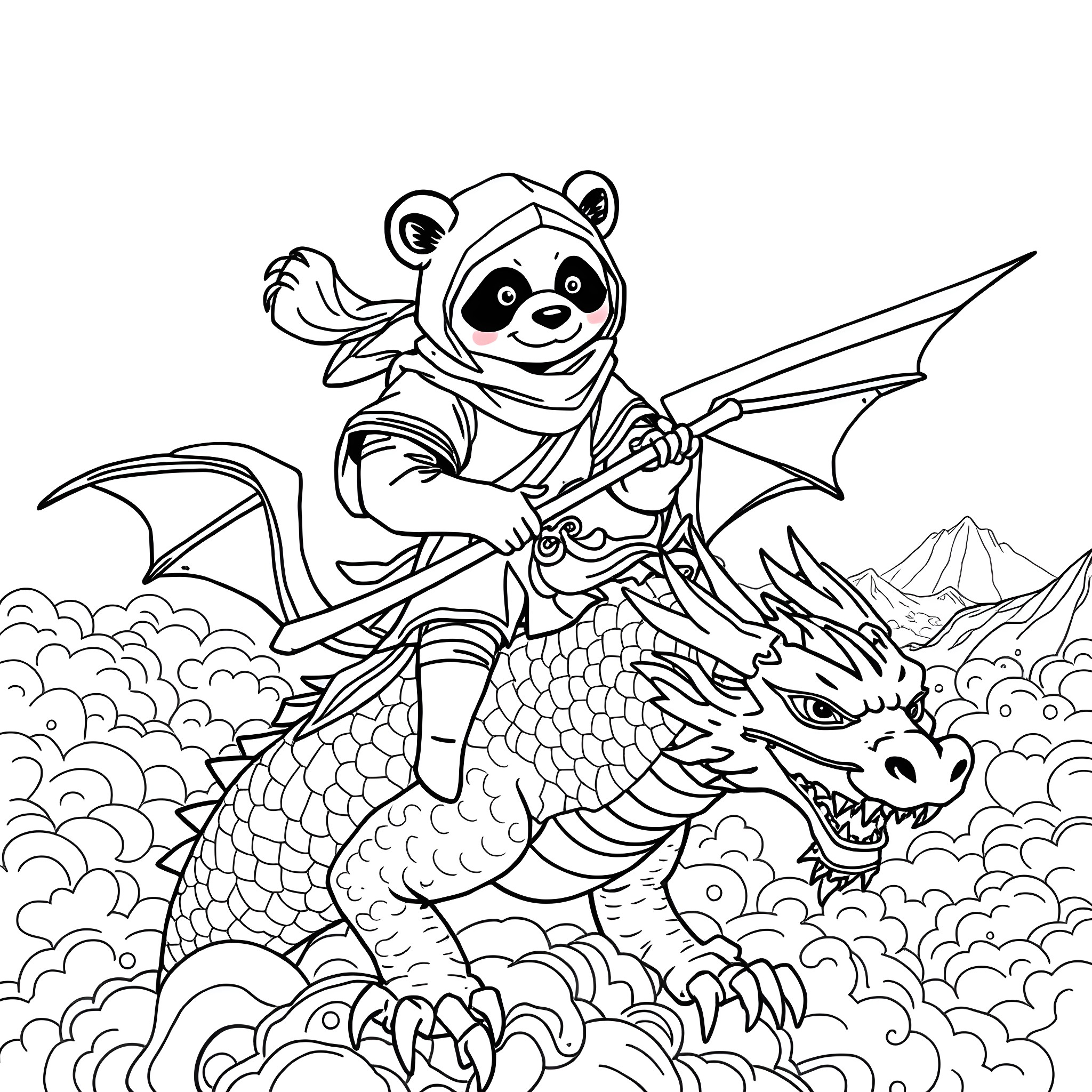 Panda warrior riding a fierce dragon Coloring Page (free black-and-white line drawing printable PDF for all, from beginners to advanced learners, including children, teens, adults, and seniors)