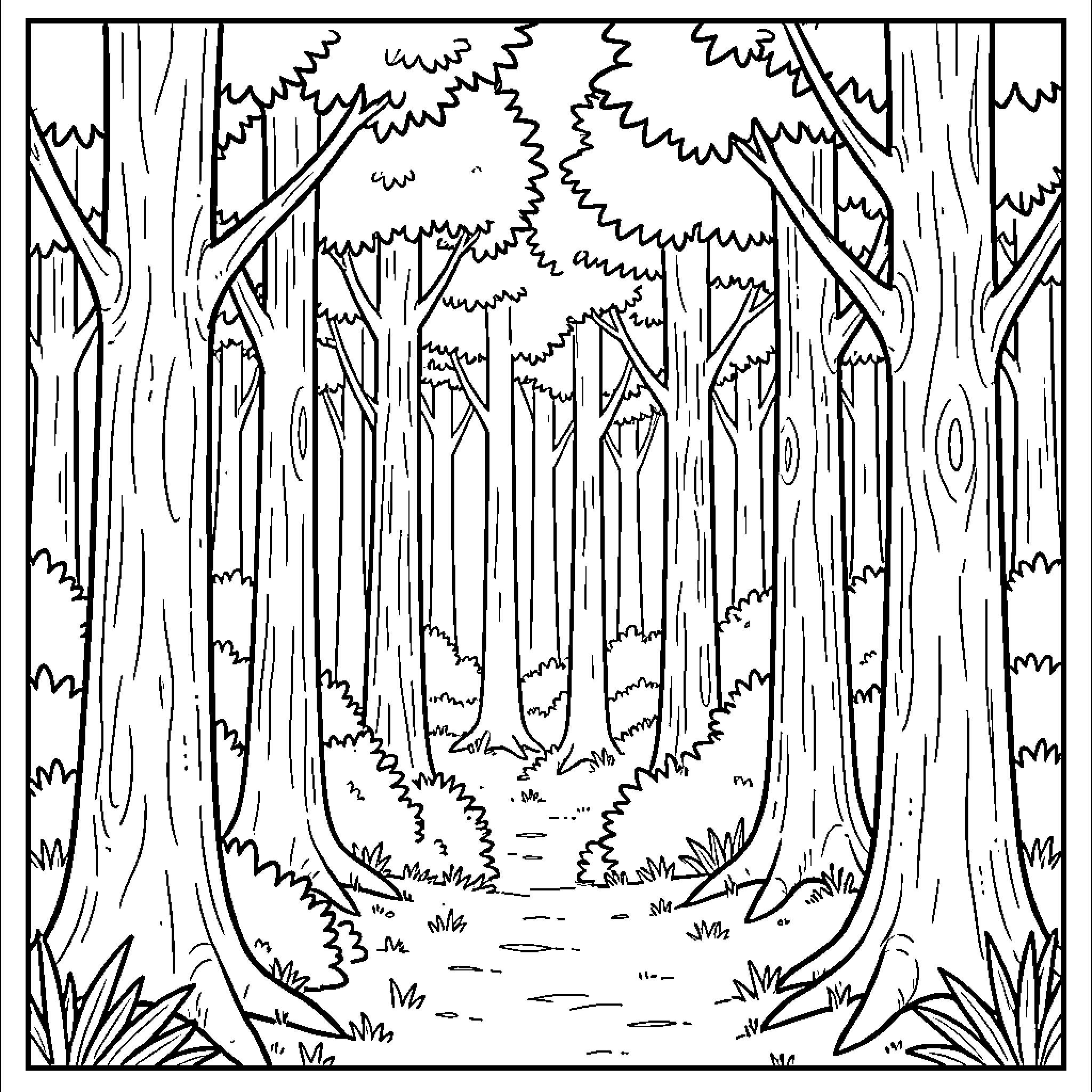 Number 13: Mysterious Forest Path Coloring Page (free black-and-white line drawing printable PDF for all, from beginners to advanced learners, including children, teens, adults, and seniors)