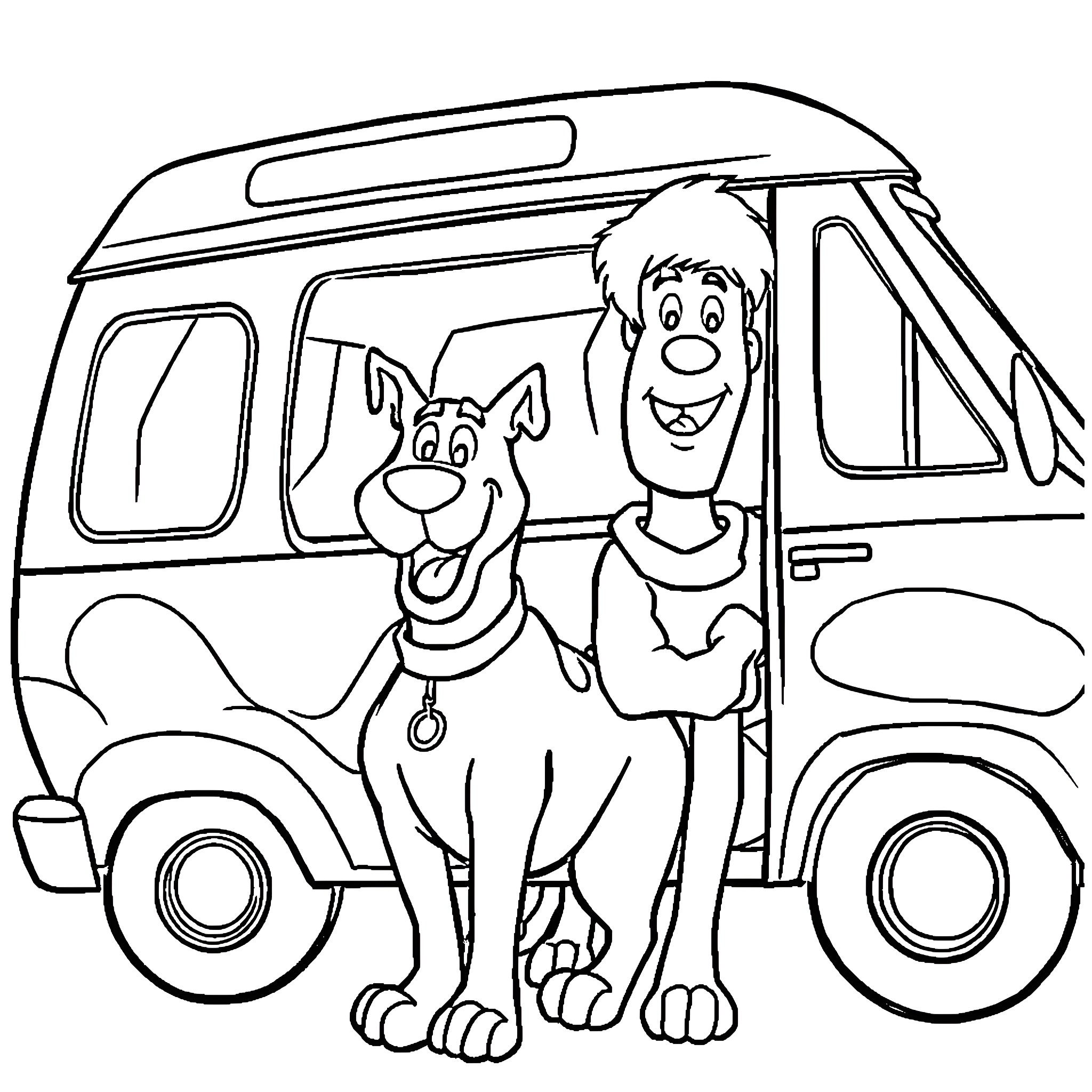 Scooby Doo and Shaggy in the Mystery Machine Coloring Page (free black-and-white line drawing printable PDF for all, from beginners to advanced learners, including children, teens, adults, and seniors)