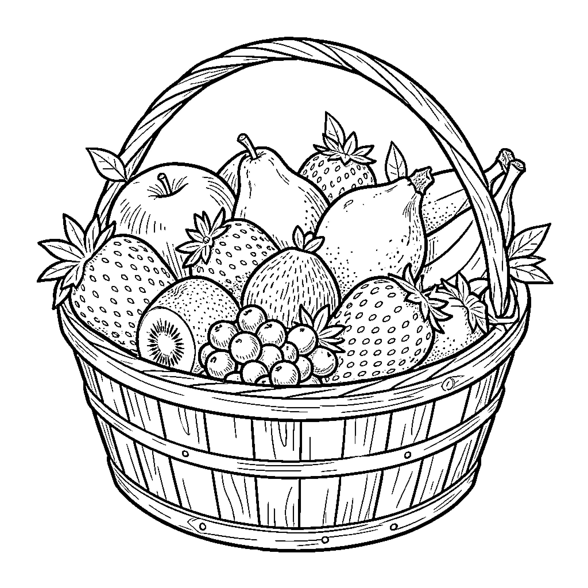 Fruit Basket Filled with Delicious Produce Coloring Page (free black-and-white line drawing printable PDF for all, from beginners to advanced learners, including children, teens, adults, and seniors)
