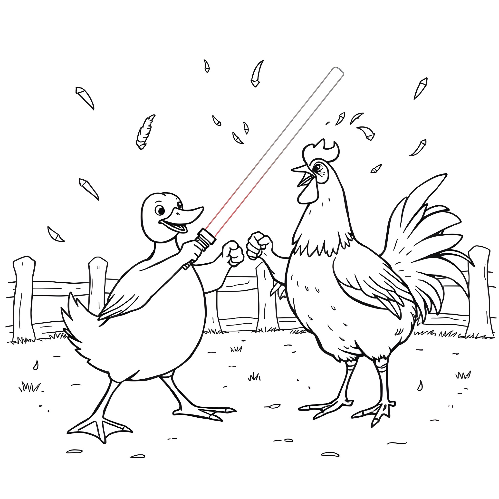 Duck chasing rooster in the yard Coloring Page (free black-and-white line drawing printable PDF for all, from beginners to advanced learners, including children, teens, adults, and seniors)