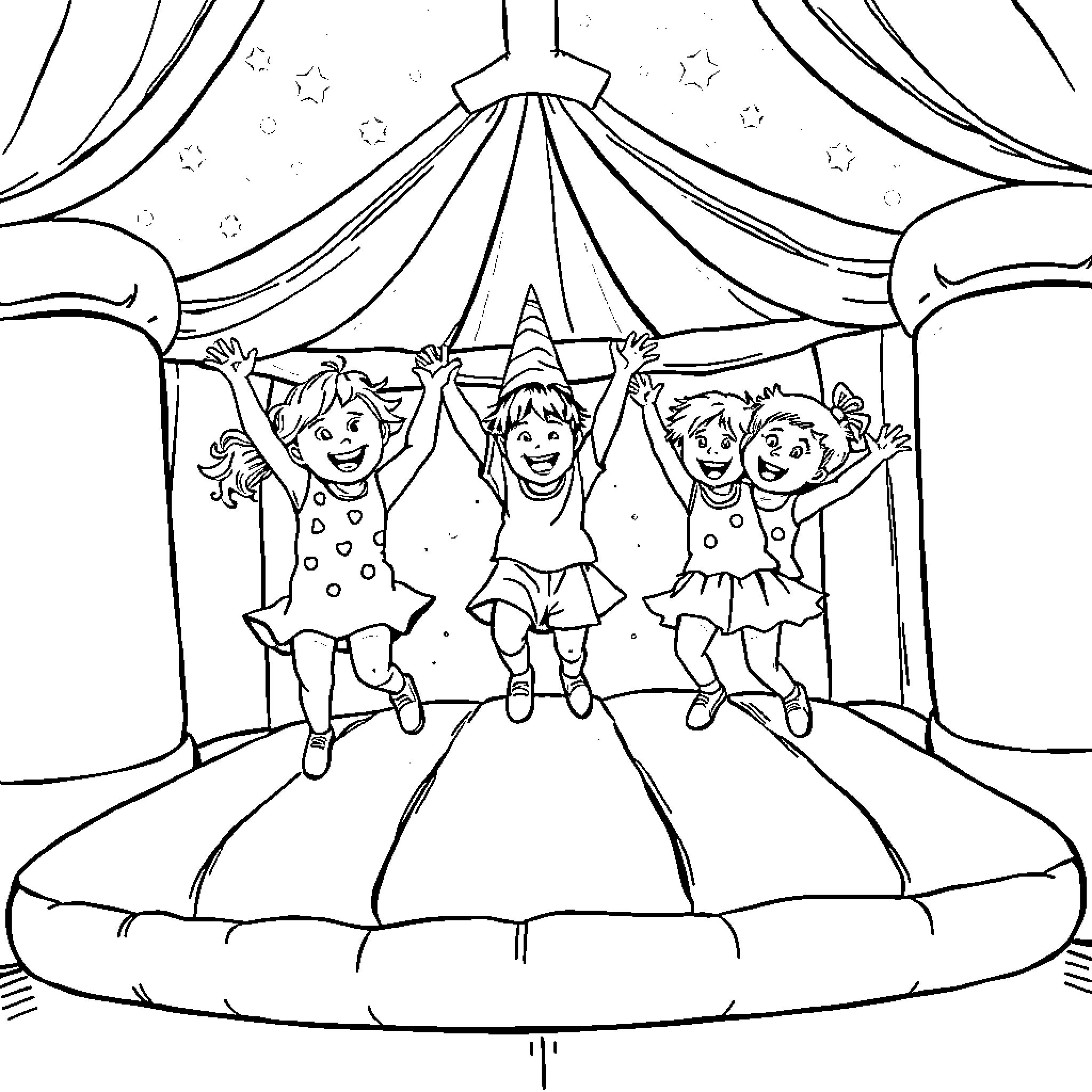 Children celebrating at the circus tent Coloring Page (free black-and-white line drawing printable PDF for all, from beginners to advanced learners, including children, teens, adults, and seniors)