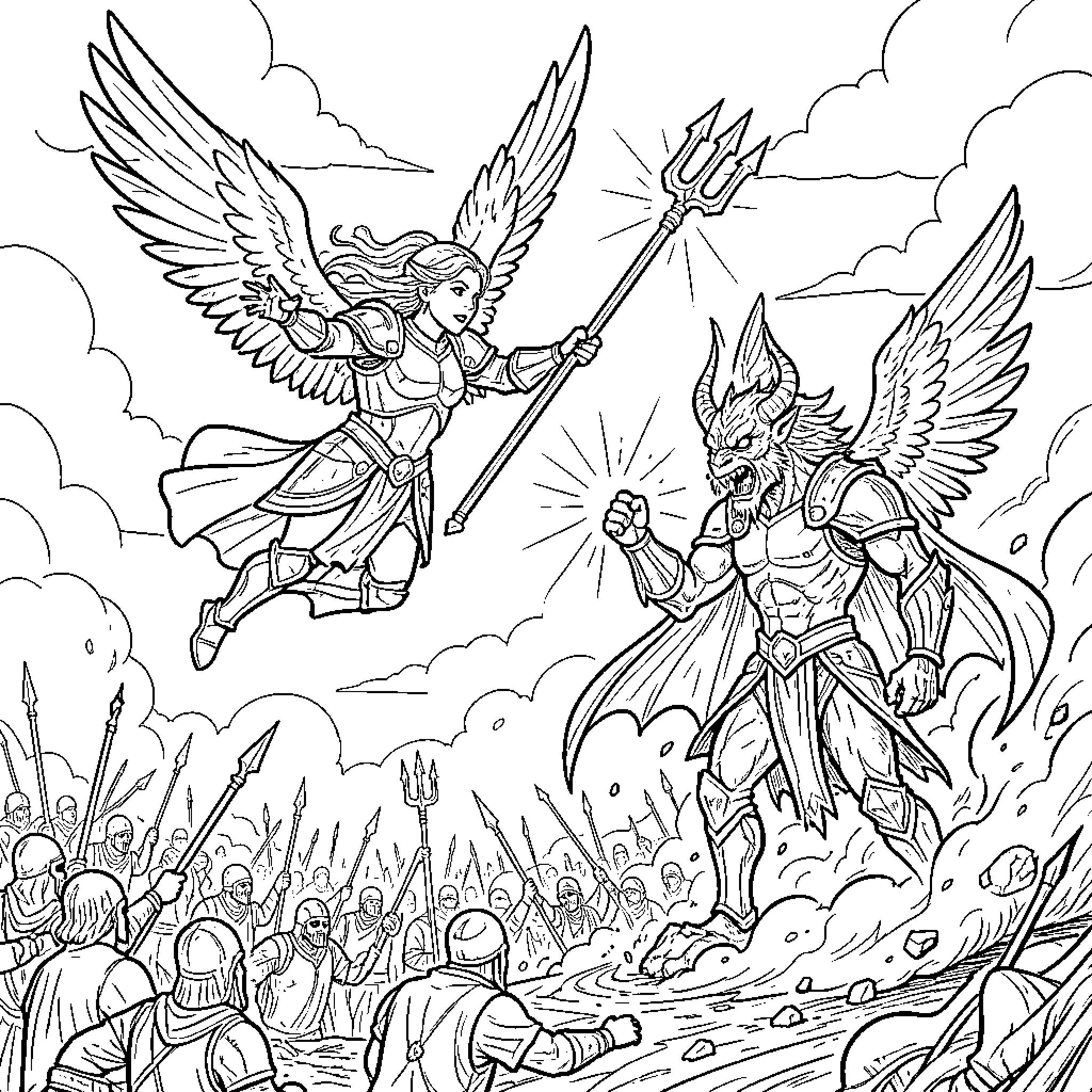 Angel wielding a trident against a winged demon Coloring Page (free black-and-white line drawing printable PDF for all, from beginners to advanced learners, including children, teens, adults, and seniors)