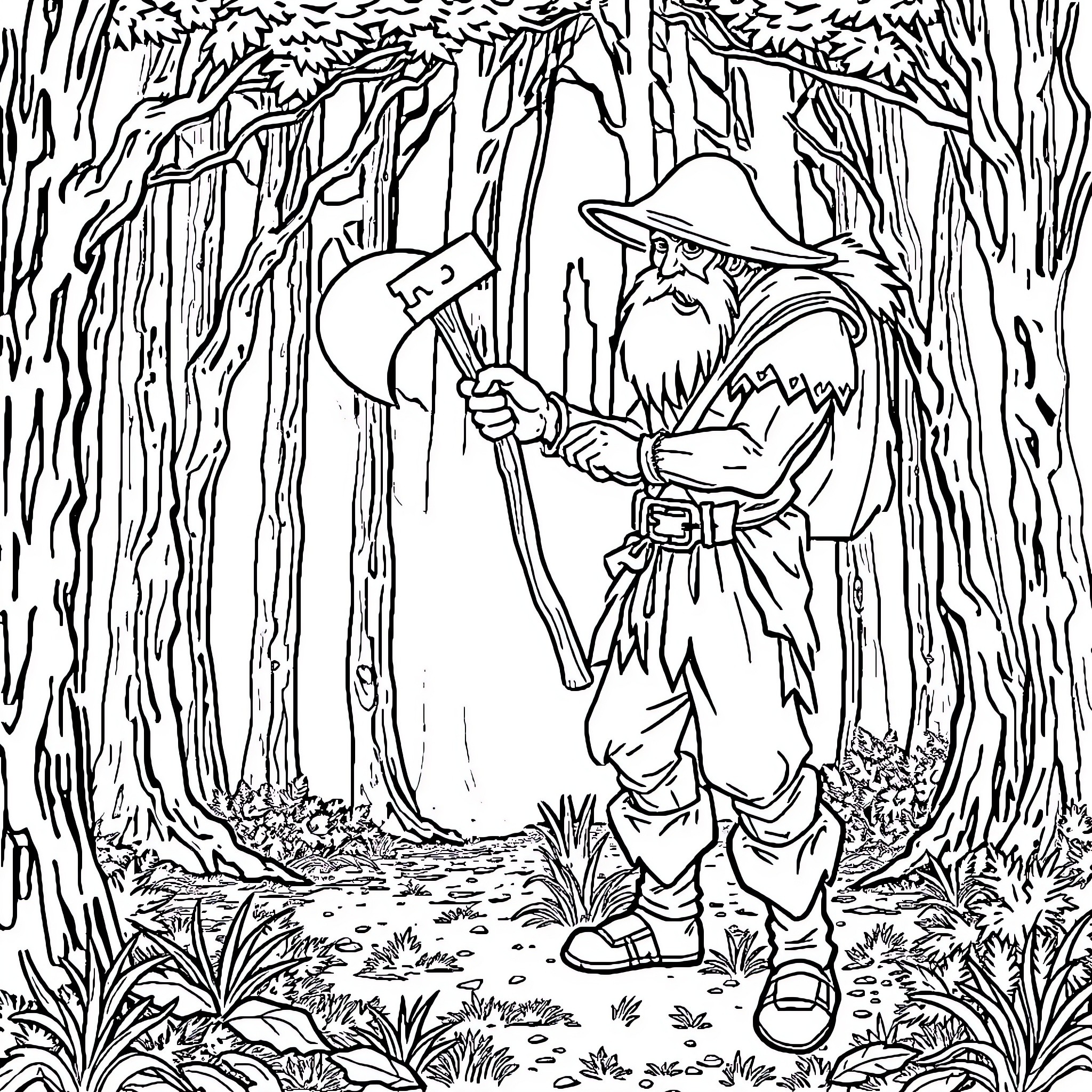 Hatchetman Exploring the Enchanted Forest Coloring Page (free black-and-white line drawing printable PDF for all, from beginners to advanced learners, including children, teens, adults, and seniors)