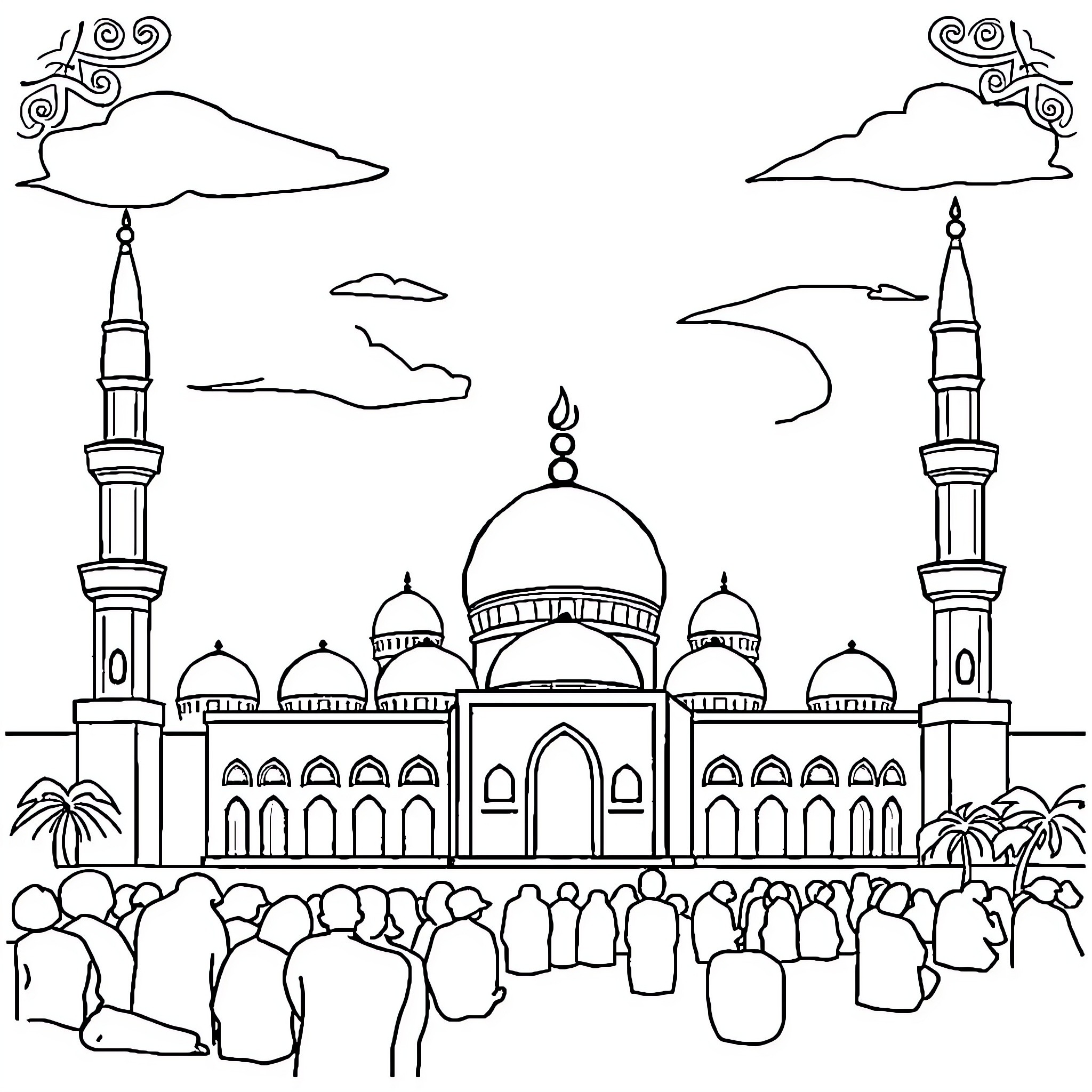 Islam's spiritual gathering at grand mosque Coloring Page (free black-and-white line drawing printable PDF for all, from beginners to advanced learners, including children, teens, adults, and seniors)