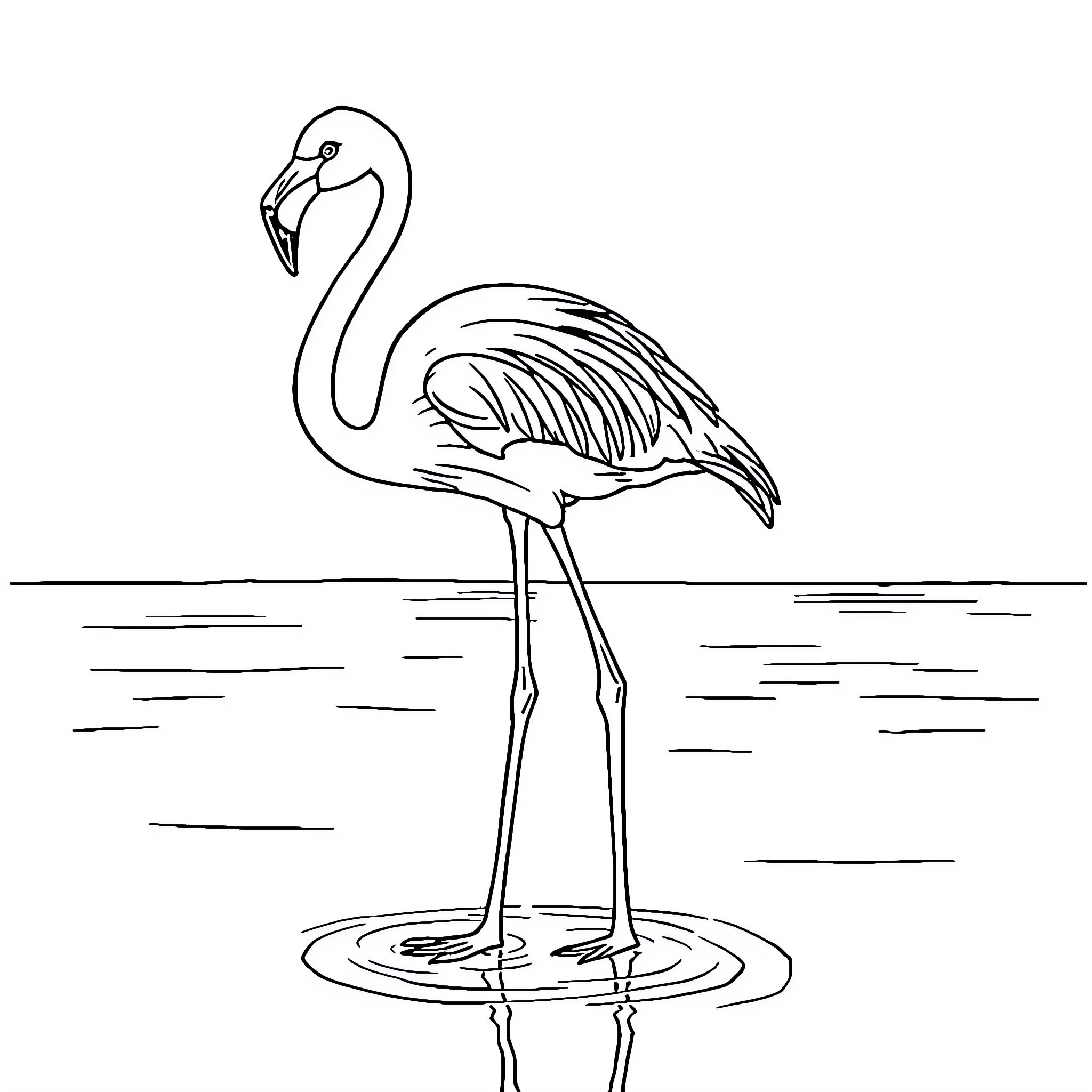 Flamingo wading gracefully in the water Coloring Page (free black-and-white line drawing printable PDF for all, from beginners to advanced learners, including children, teens, adults, and seniors)