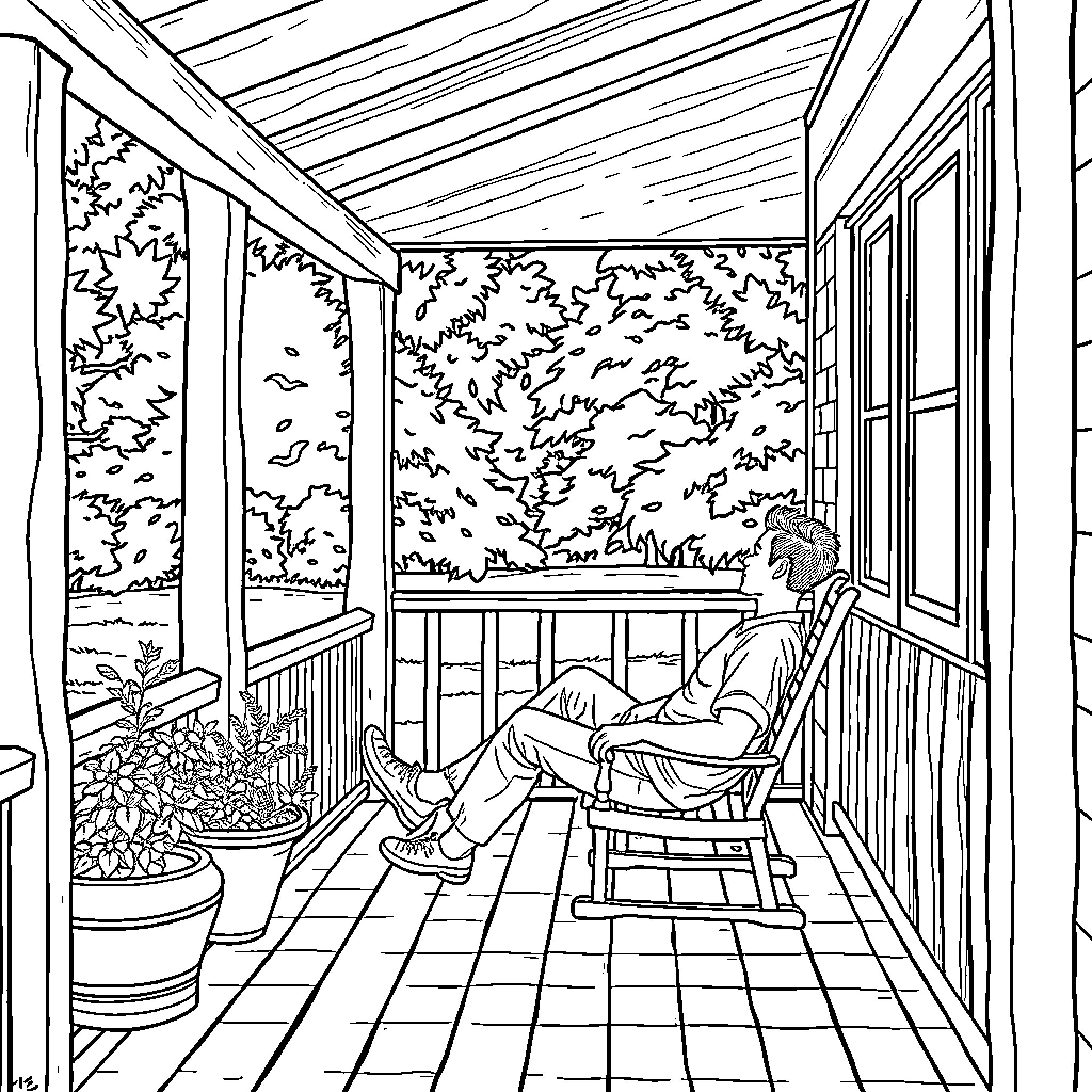 Man relaxing on a porch with a scenic view Coloring Page (free black-and-white line drawing printable PDF for all, from beginners to advanced learners, including children, teens, adults, and seniors)