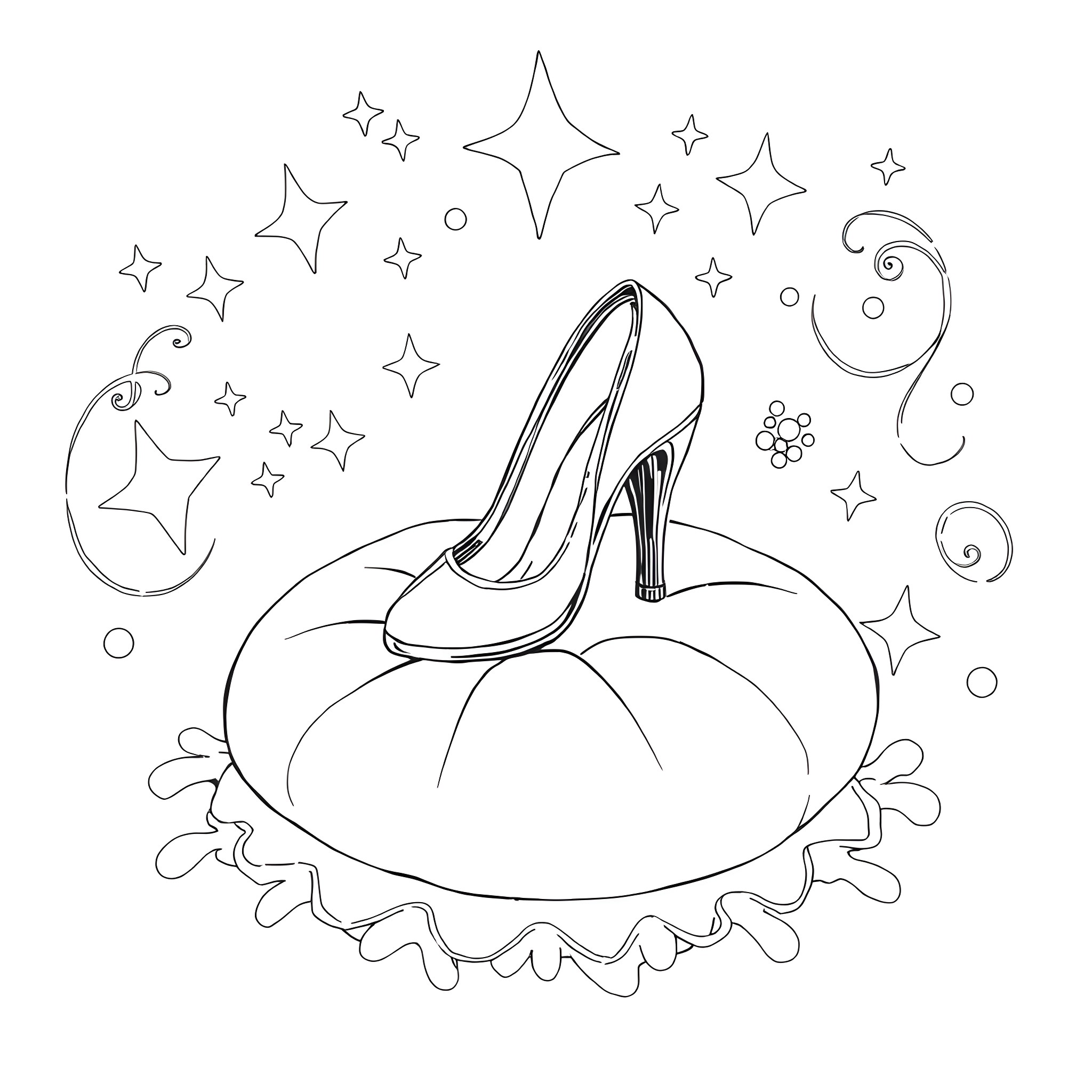 Cinderella's glass slipper on a magical pumpkin carriage Coloring Page (free black-and-white line drawing printable PDF for all, from beginners to advanced learners, including children, teens, adults, and seniors)