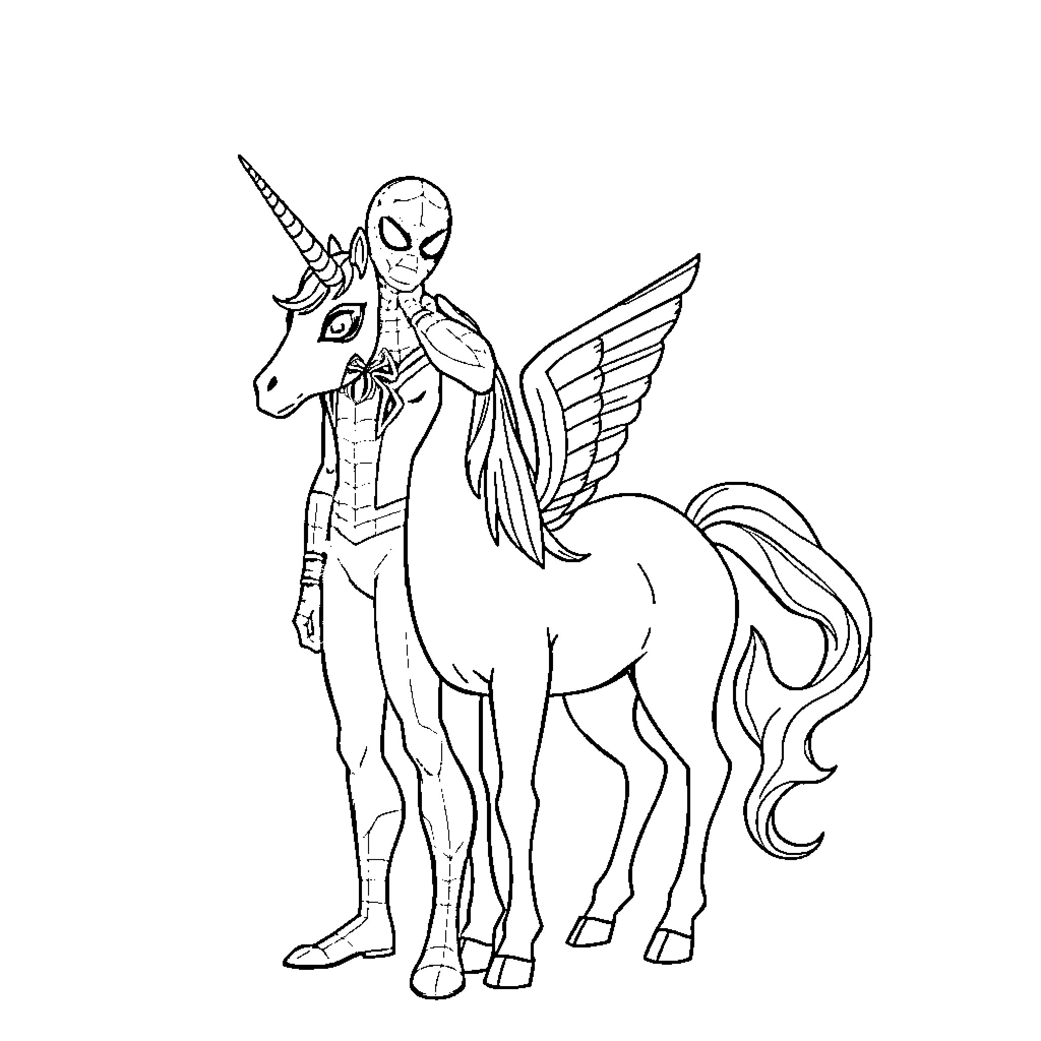 Unicorn Superhero Riding a Magical Creature Coloring Page (free black-and-white line drawing printable PDF for all, from beginners to advanced learners, including children, teens, adults, and seniors)