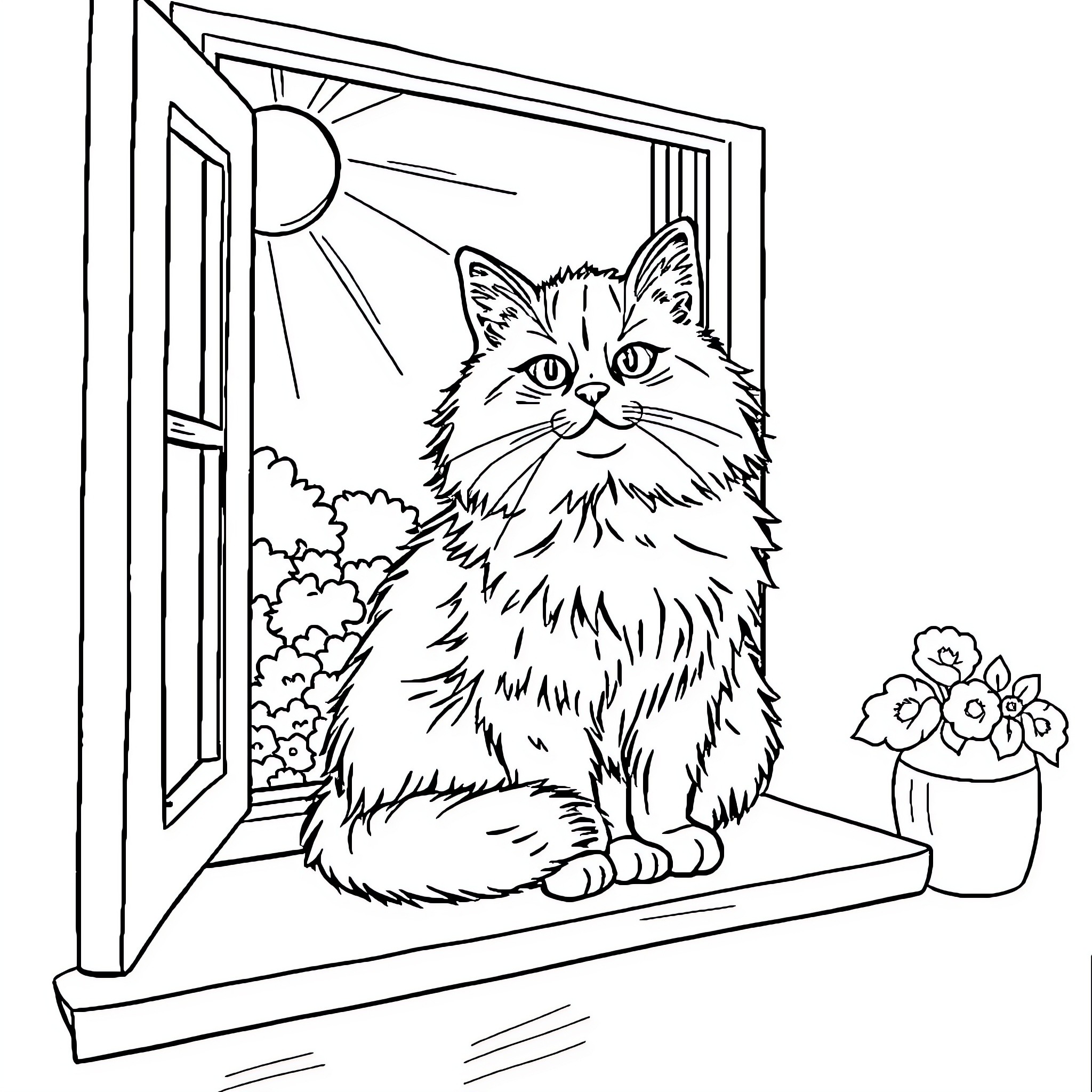 Cat looking out the window at nature Coloring Page (free black-and-white line drawing printable PDF for all, from beginners to advanced learners, including children, teens, adults, and seniors)