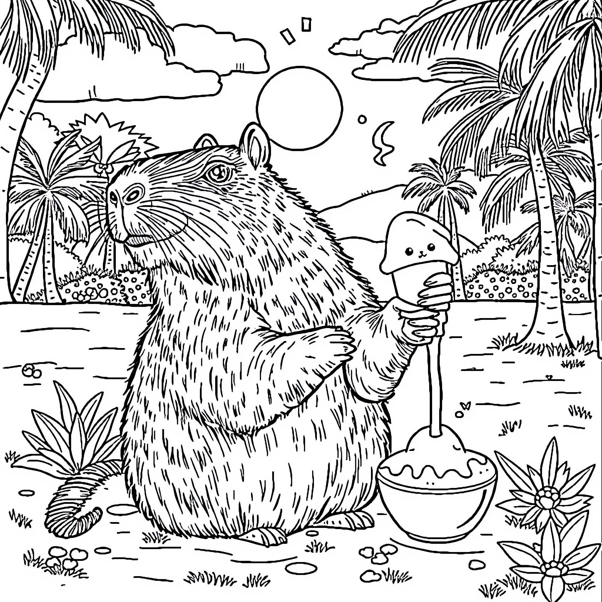 Capybara enjoying a tropical beach adventure Coloring Page (free black-and-white line drawing printable PDF for all, from beginners to advanced learners, including children, teens, adults, and seniors)