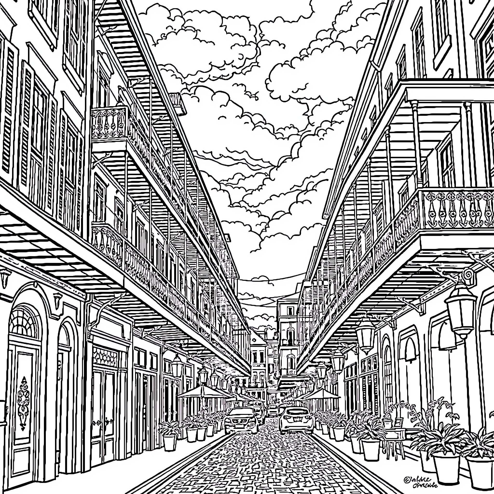 New Orleans street with historic buildings and busy activity Coloring Page (free black-and-white line drawing printable PDF for all, from beginners to advanced learners, including children, teens, adults, and seniors)