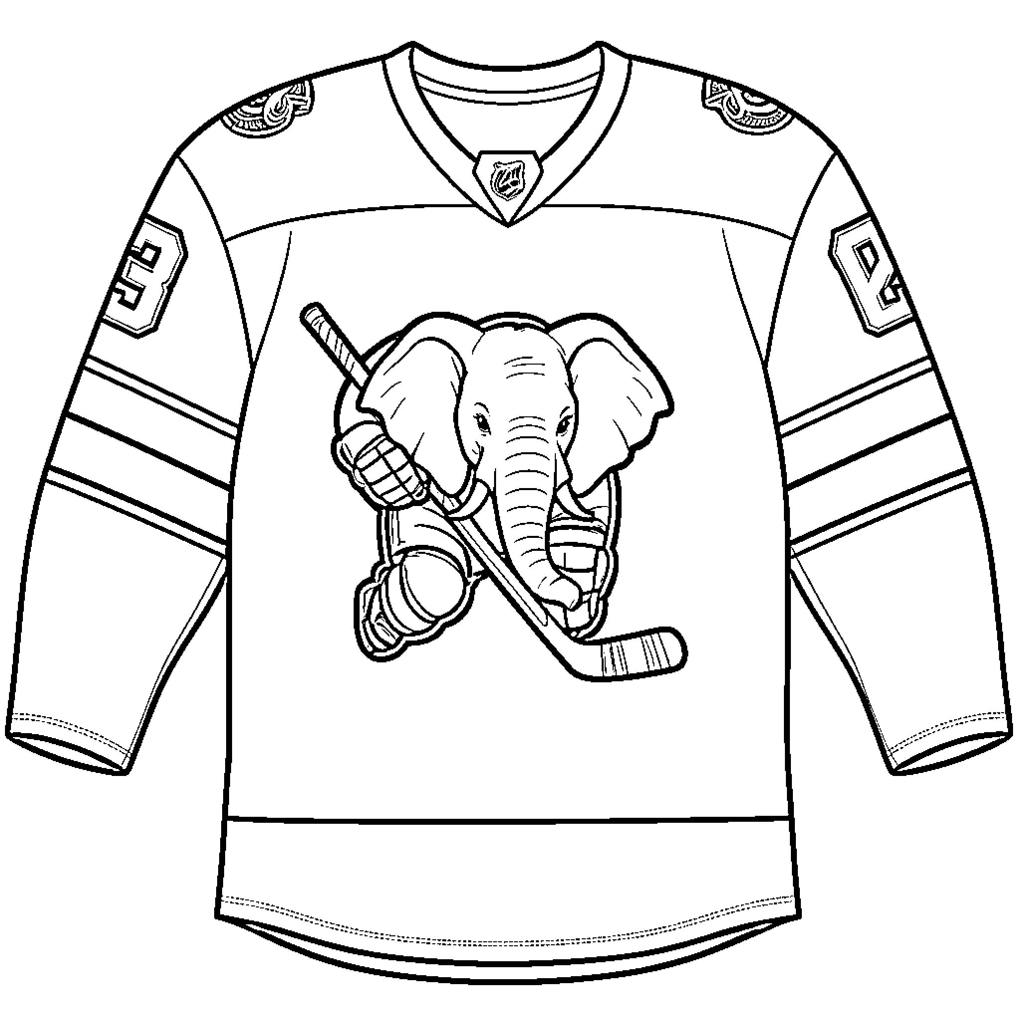 Elephant hockey player in uniform Coloring Page (free black-and-white line drawing printable PDF for all, from beginners to advanced learners, including children, teens, adults, and seniors)