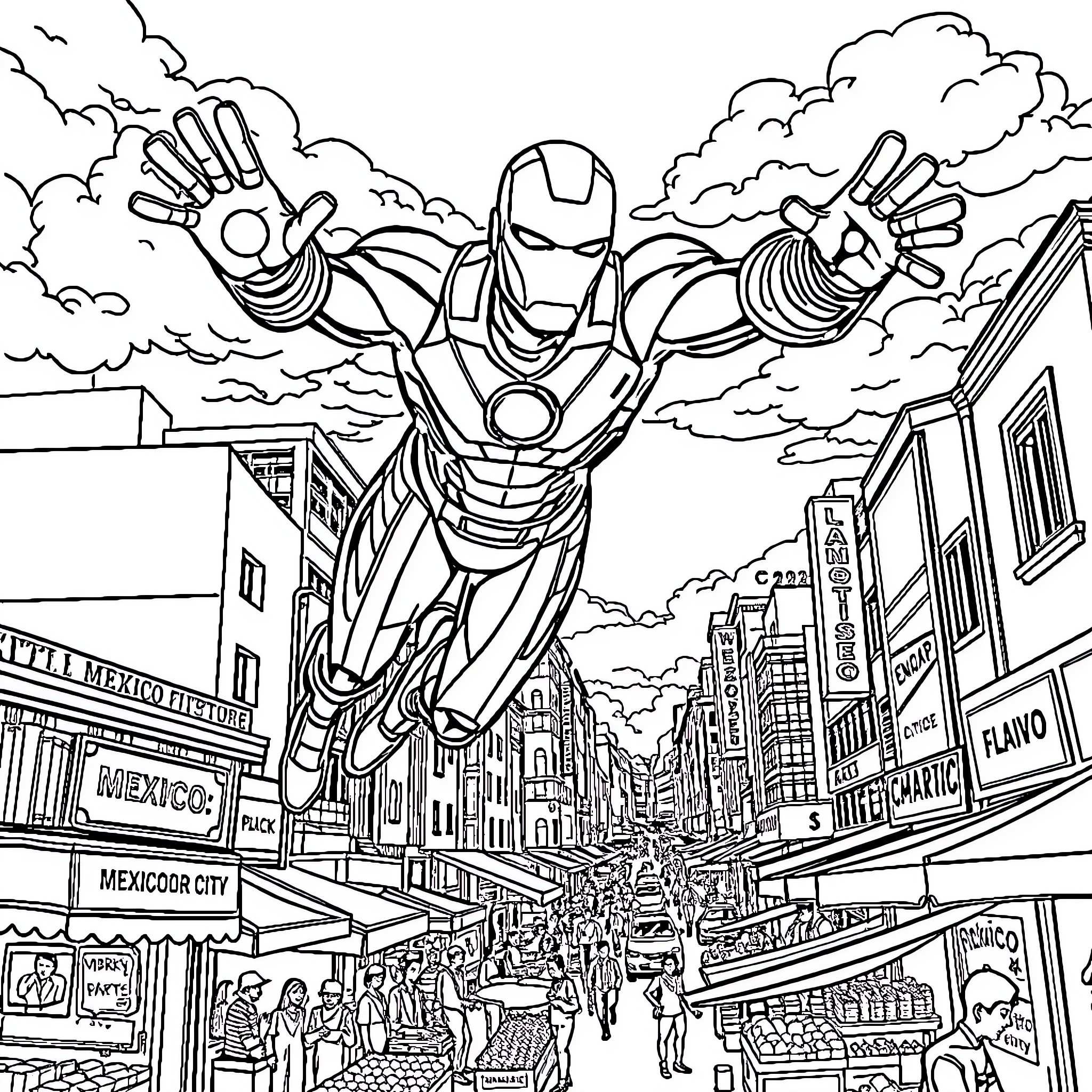 Ironman soaring above the bustling city streets Coloring Page (free black-and-white line drawing printable PDF for all, from beginners to advanced learners, including children, teens, adults, and seniors)