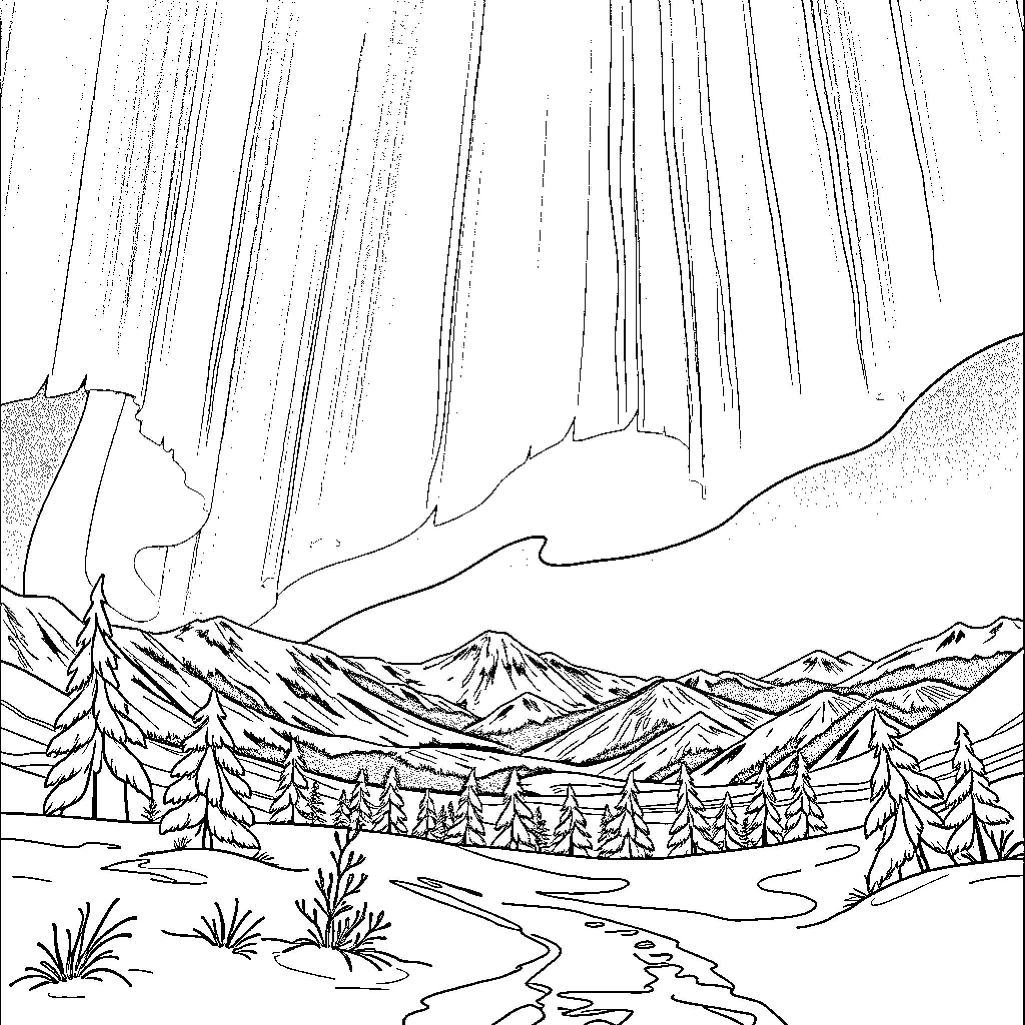 Aurora over the Snowy Mountain Landscape Coloring Page (free black-and-white line drawing printable PDF for all, from beginners to advanced learners, including children, teens, adults, and seniors)