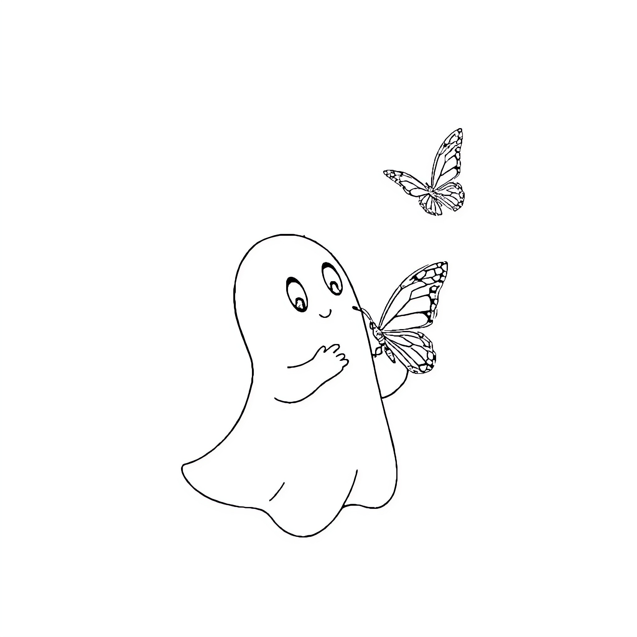 Ghost playing with butterflies in the meadow Coloring Page (free black-and-white line drawing printable PDF for all, from beginners to advanced learners, including children, teens, adults, and seniors)