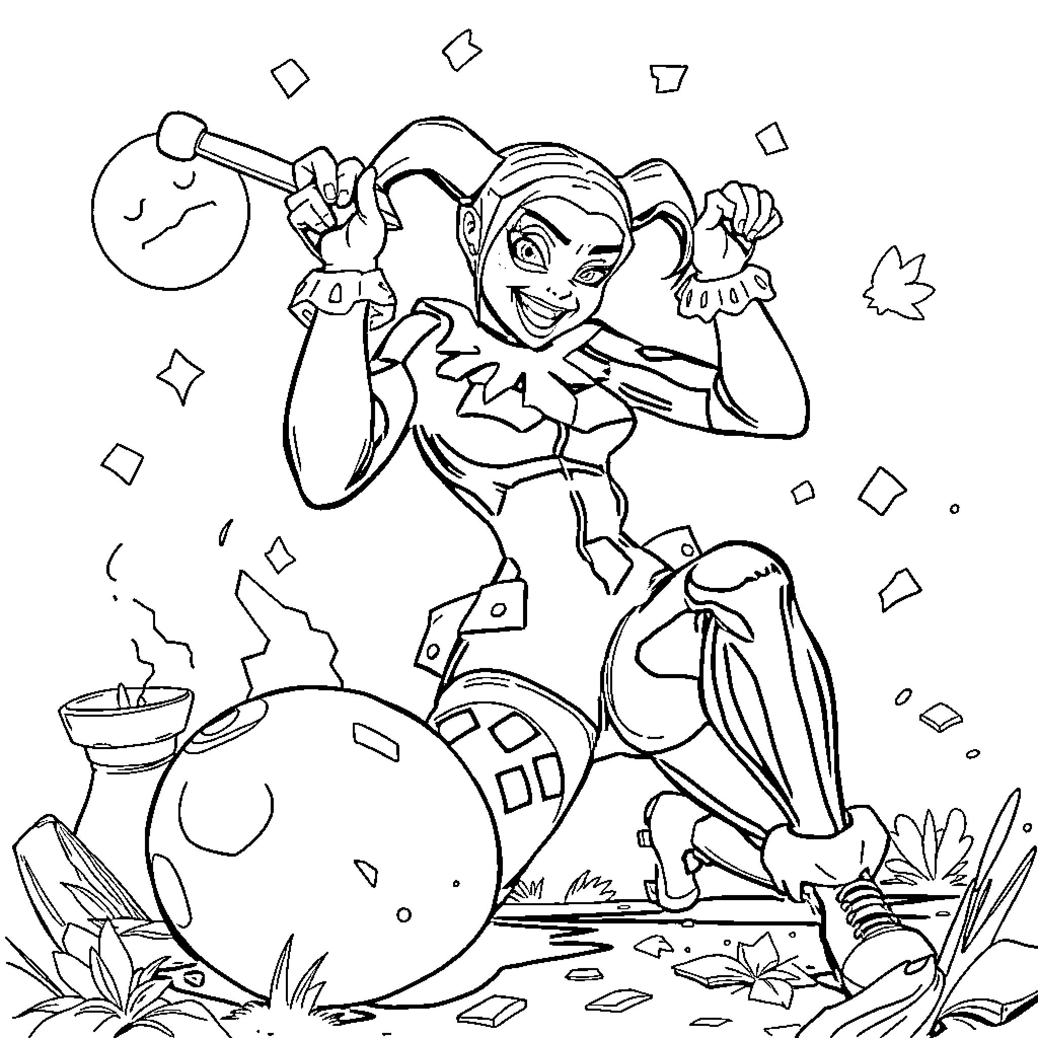 Harley Quinn enjoying the chaos and festivities Coloring Page (free black-and-white line drawing printable PDF for all, from beginners to advanced learners, including children, teens, adults, and seniors)