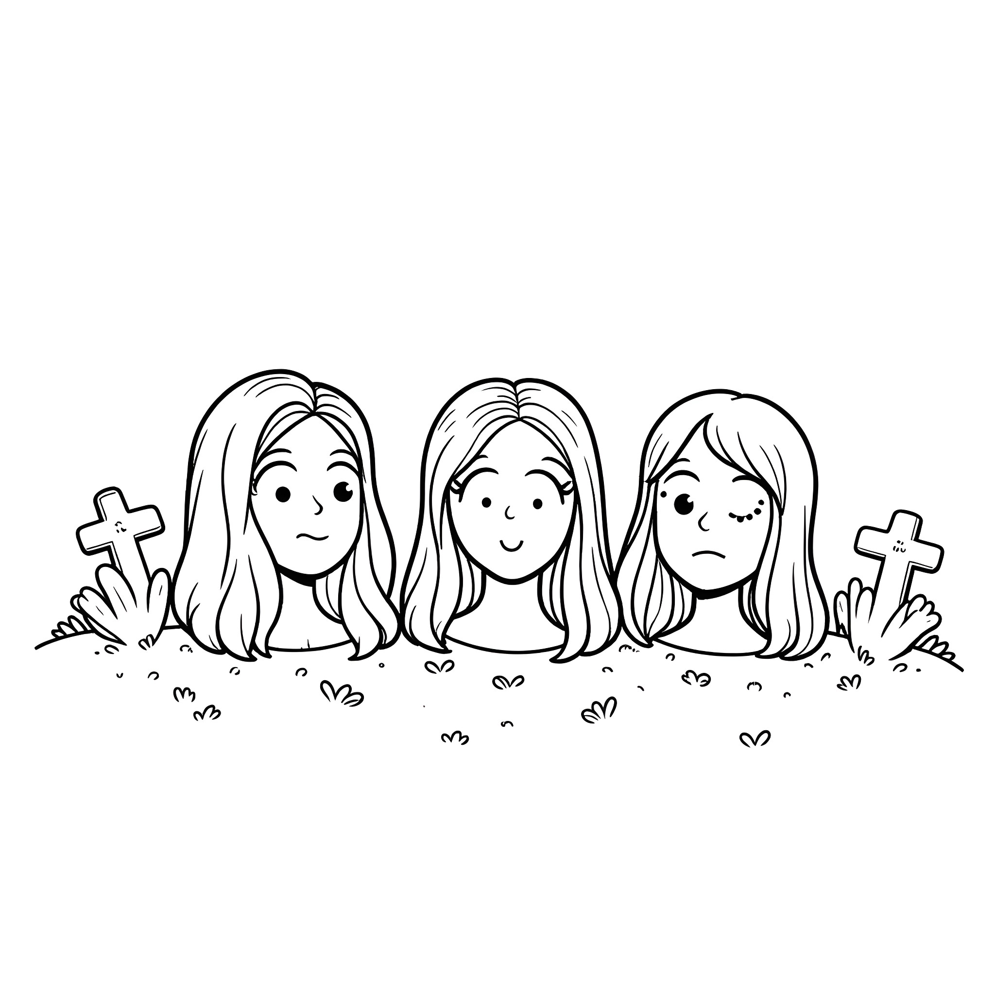 Head of three girls with different expressions near tombstones Coloring Page (free black-and-white line drawing printable PDF for all, from beginners to advanced learners, including children, teens, adults, and seniors)