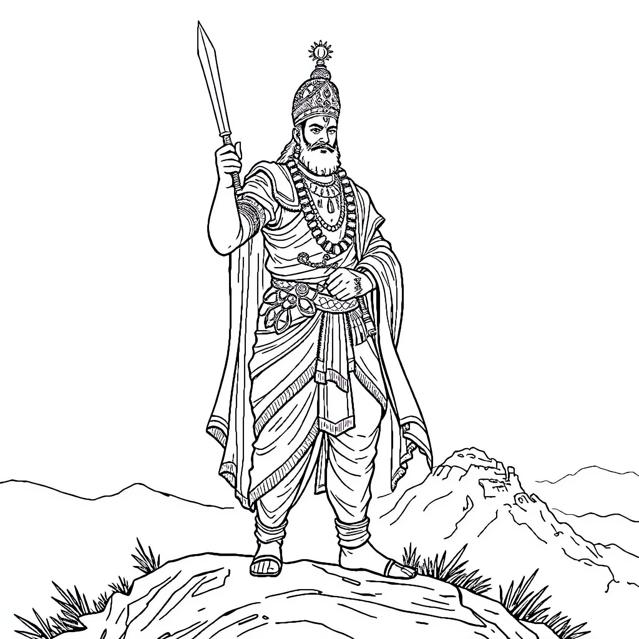 Chatrapati Shivaji Maharaj in Regal Attire with Sword Coloring Page (free black-and-white line drawing printable PDF for all, from beginners to advanced learners, including children, teens, adults, and seniors)