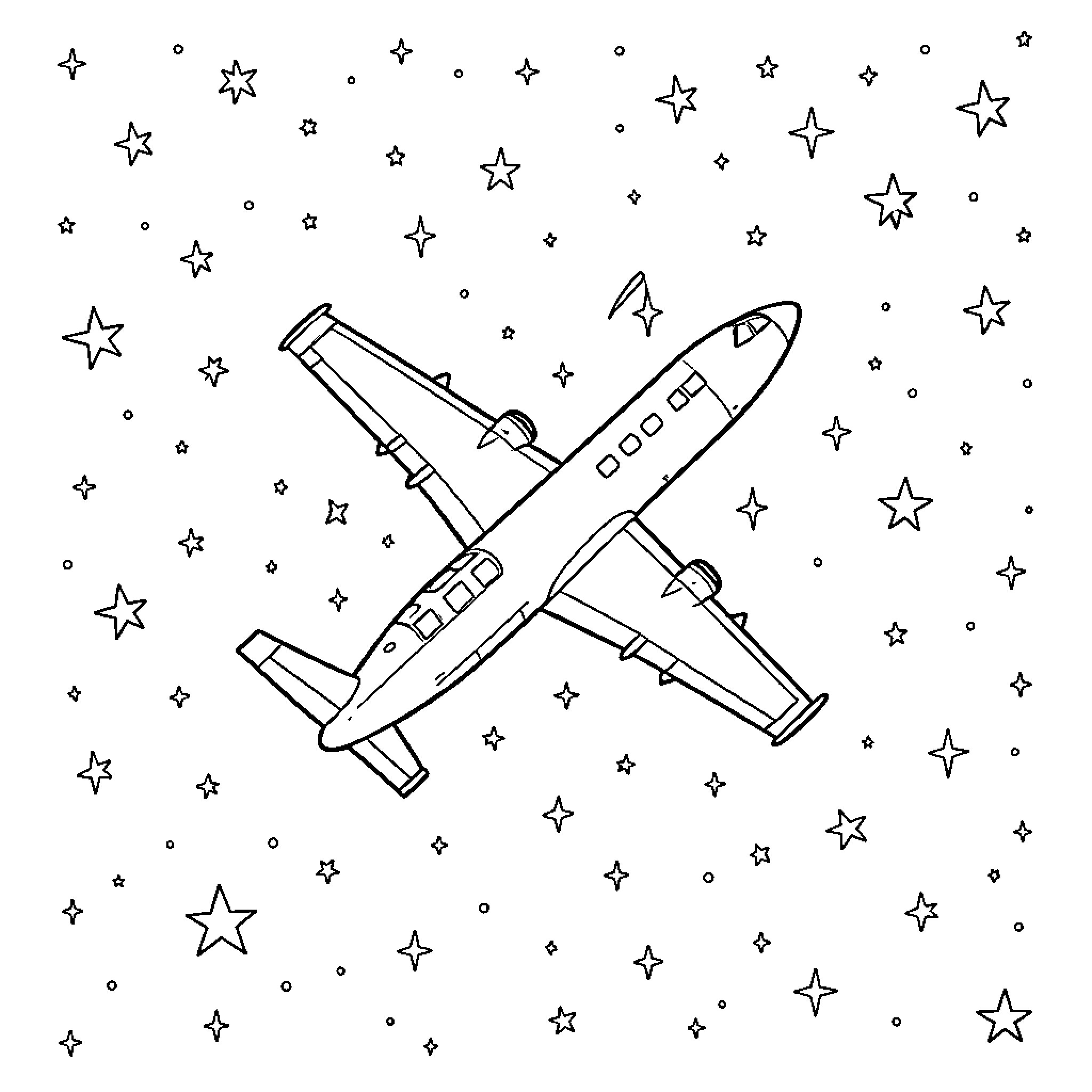 Avión volando entre estrellas en el cielo nocturno Coloring Page (free black-and-white line drawing printable PDF for all, from beginners to advanced learners, including children, teens, adults, and seniors)